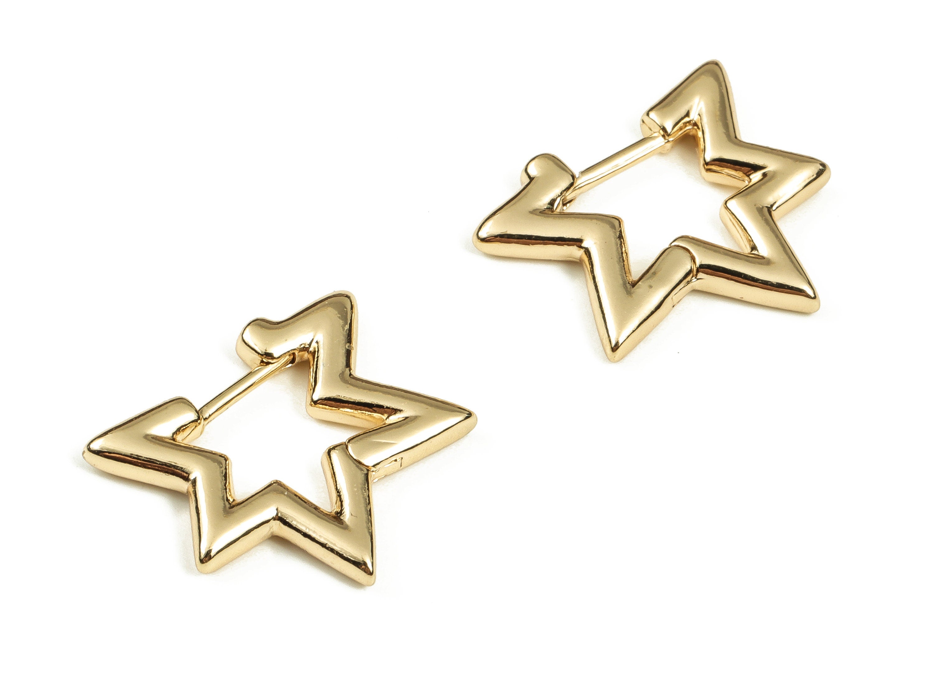 Brass Star Shaped Hoop Stud Earrings - Gold Star Hoops - 18k Real Gold Plated Hoops - Jewelry Making Supplies - 20.76x17.42x2.4mm - RGP3700 - DOMEDBAZAAR