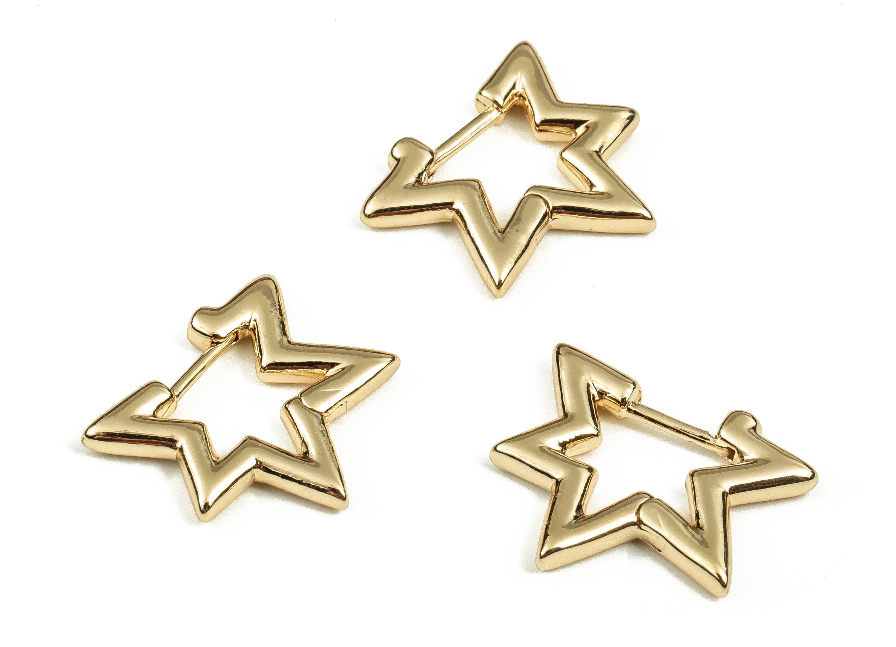 Brass Star Shaped Hoop Stud Earrings - Gold Star Hoops - 18k Real Gold Plated Hoops - Jewelry Making Supplies - 20.76x17.42x2.4mm - RGP3700 - DOMEDBAZAAR