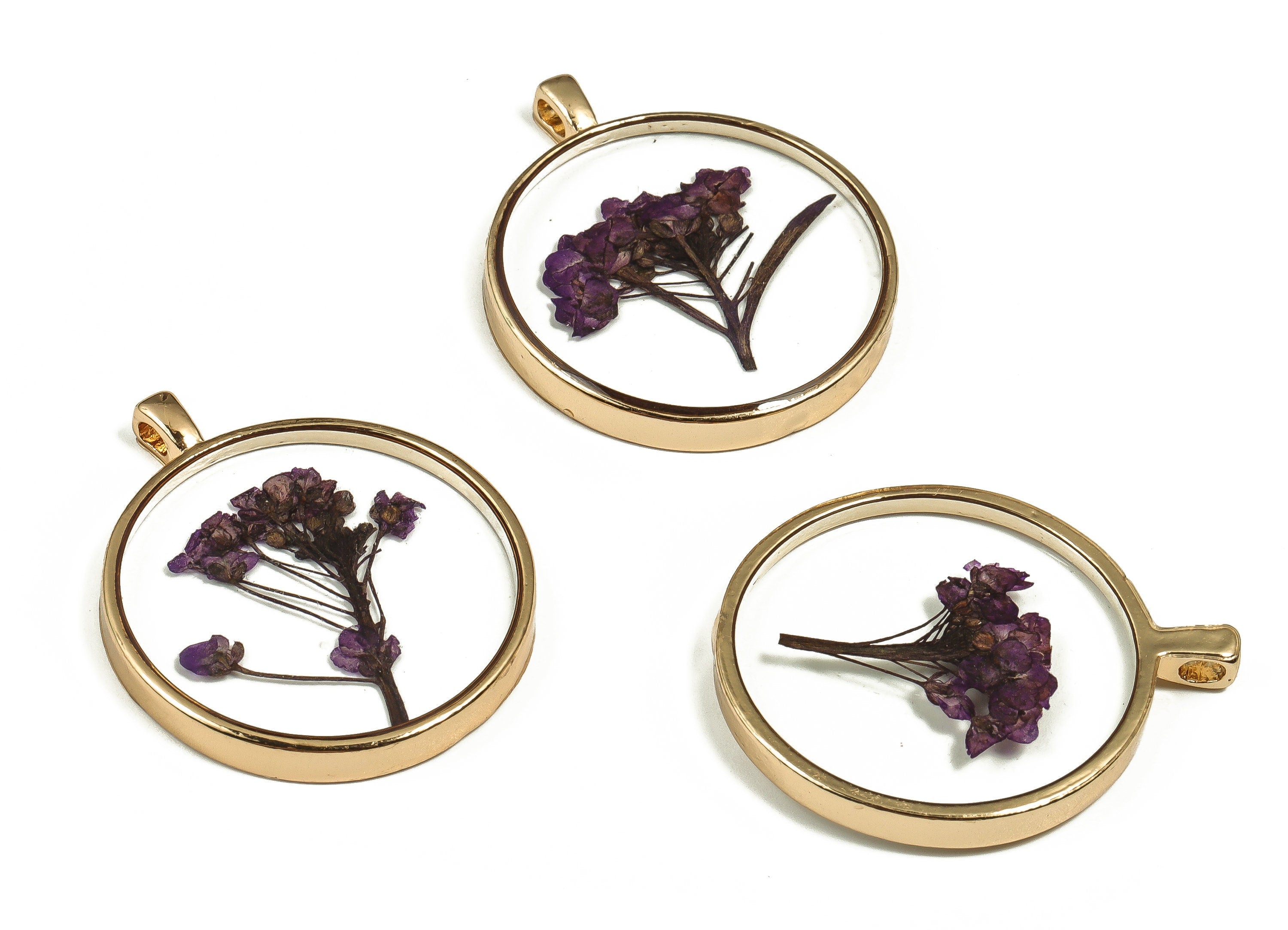 Epoxy Resin Round Real Flower Earring Charms - Epoxy Resin Sweet Alyssum Pendant - Gold Tone Plated Alloy - 34.92x28.92x4.32mm - ZZ1919 - DOMEDBAZAAR