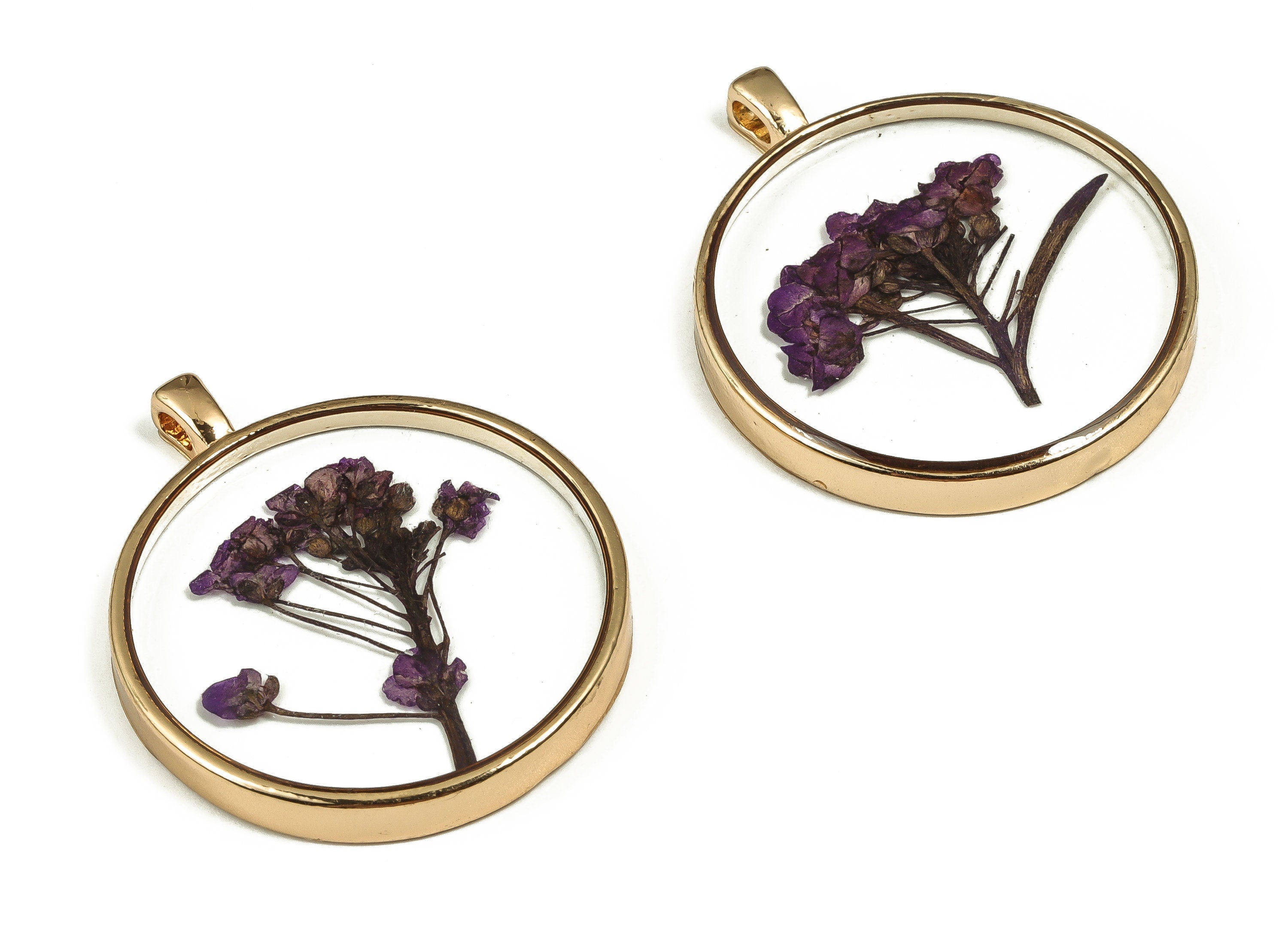 Epoxy Resin Round Real Flower Earring Charms - Epoxy Resin Sweet Alyssum Pendant - Gold Tone Plated Alloy - 34.92x28.92x4.32mm - ZZ1919 - DOMEDBAZAAR