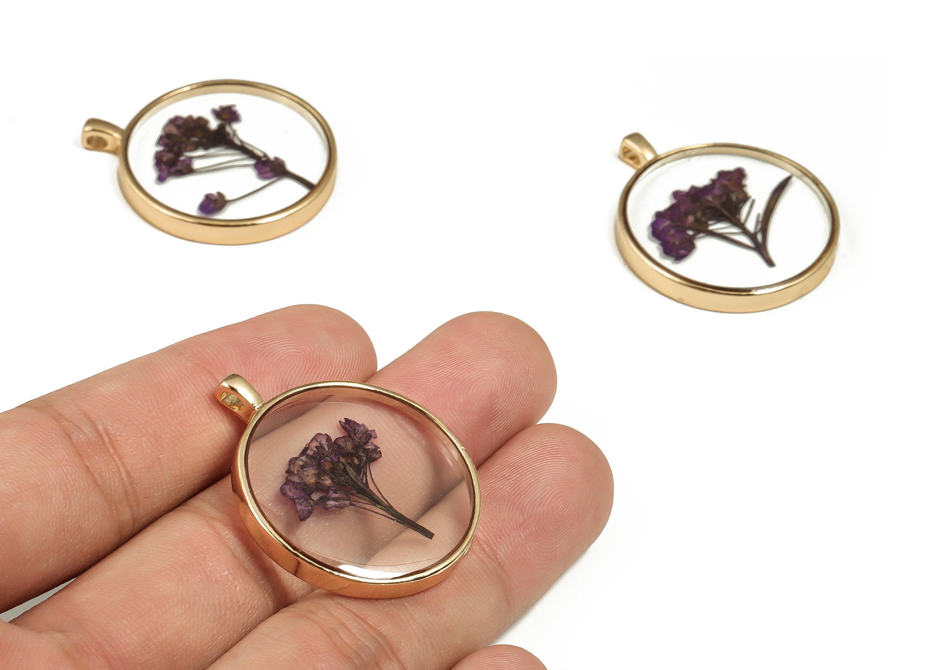 Epoxy Resin Round Real Flower Earring Charms - Epoxy Resin Sweet Alyssum Pendant - Gold Tone Plated Alloy - 34.92x28.92x4.32mm - ZZ1919 - DOMEDBAZAAR