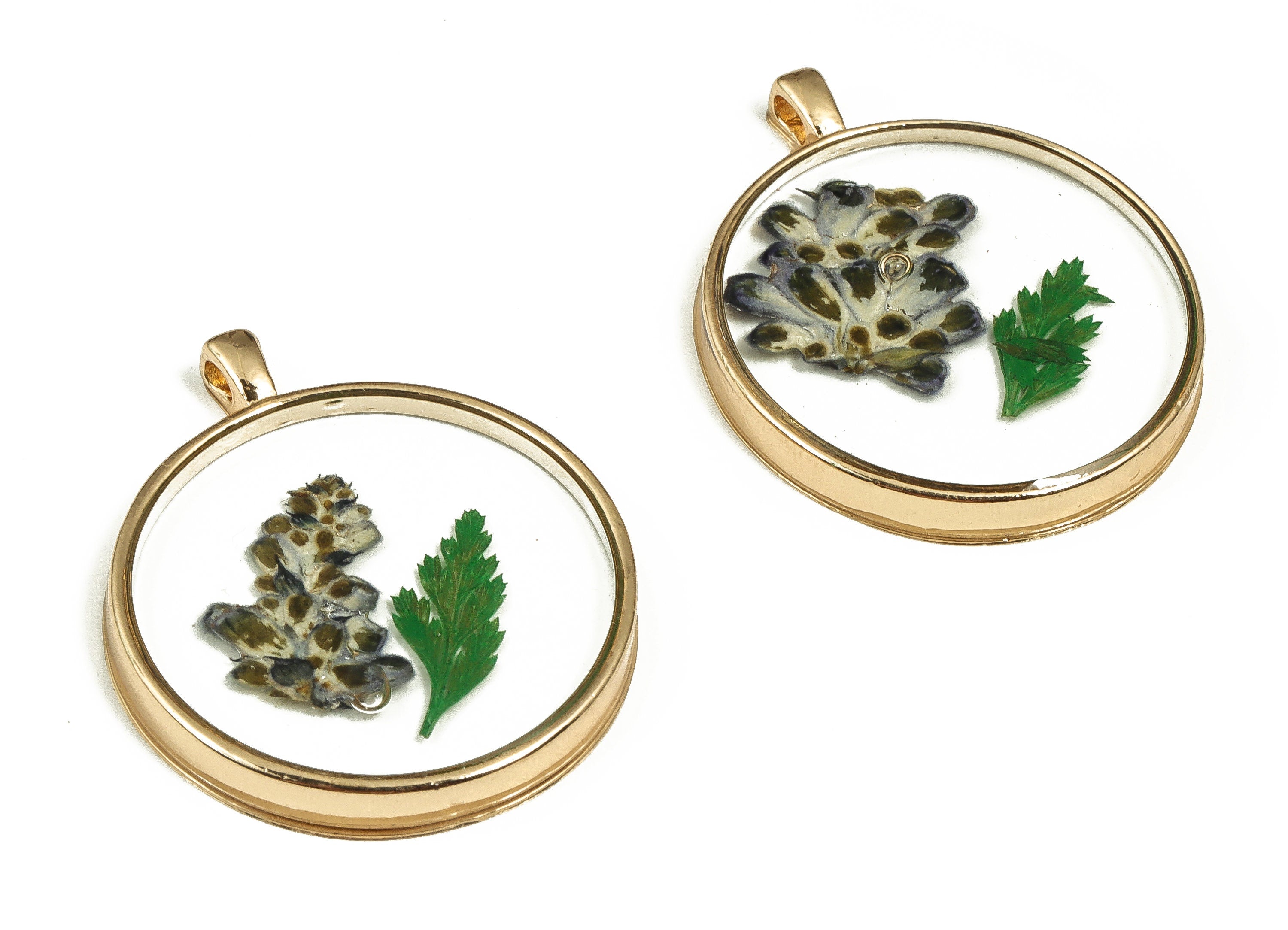 Epoxy Resin Round Real Flower Earring Charms - Epoxy Resin Sage&Lack Pout Leaf Pendant - Gold Tone Plated Alloy - 35.12x29.02x4.4mm - ZZ1909 - DOMEDBAZAAR