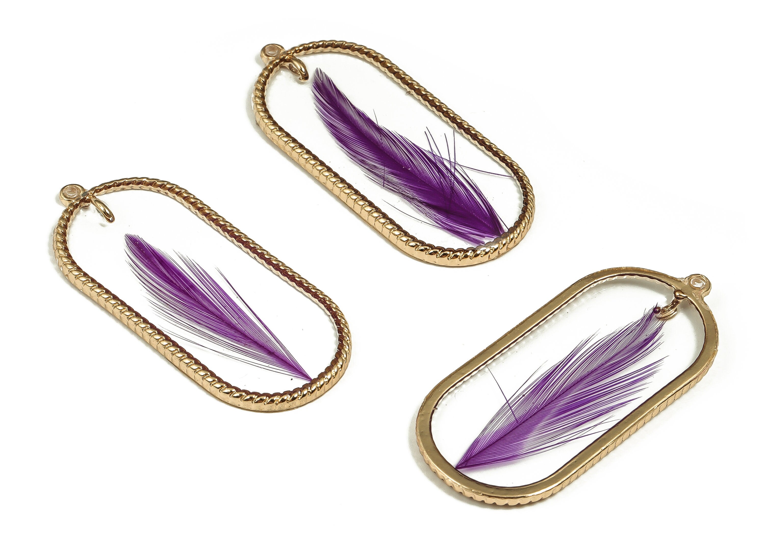 Epoxy Resin Oval Real Flower Charms - Epoxy Resin Feather Pendant - Gold Tone Plated Alloy - Jewelry Supplies - 46.25x20.71x2.54mm - ZZ1935 - DOMEDBAZAAR