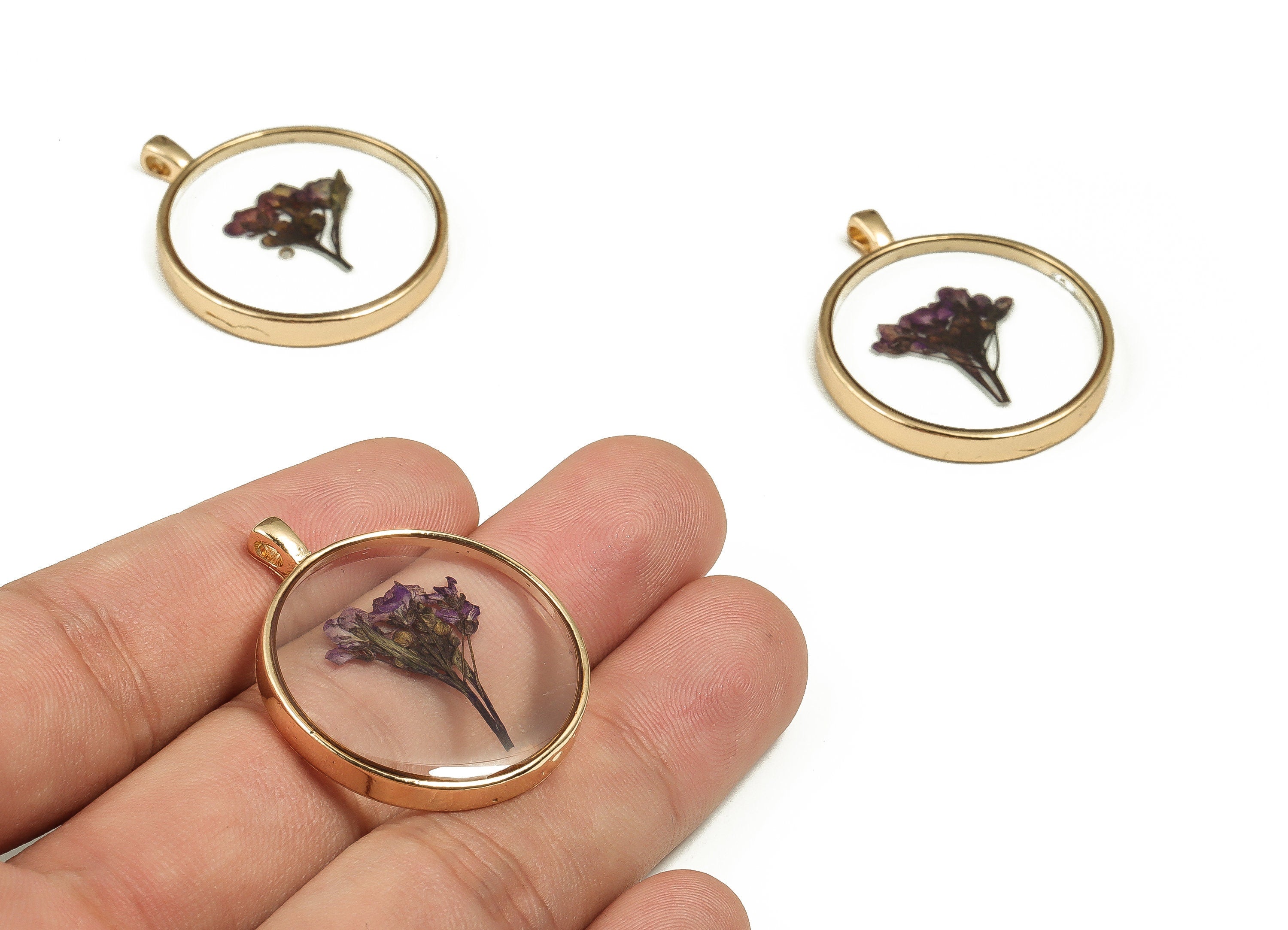 Epoxy Resin Round Real Flower Earring Charms - Epoxy Resin Sweet Alyssum Pendant - Gold Tone Plated Alloy - 34.73x28.73x4.31mm - ZZ1896 - DOMEDBAZAAR