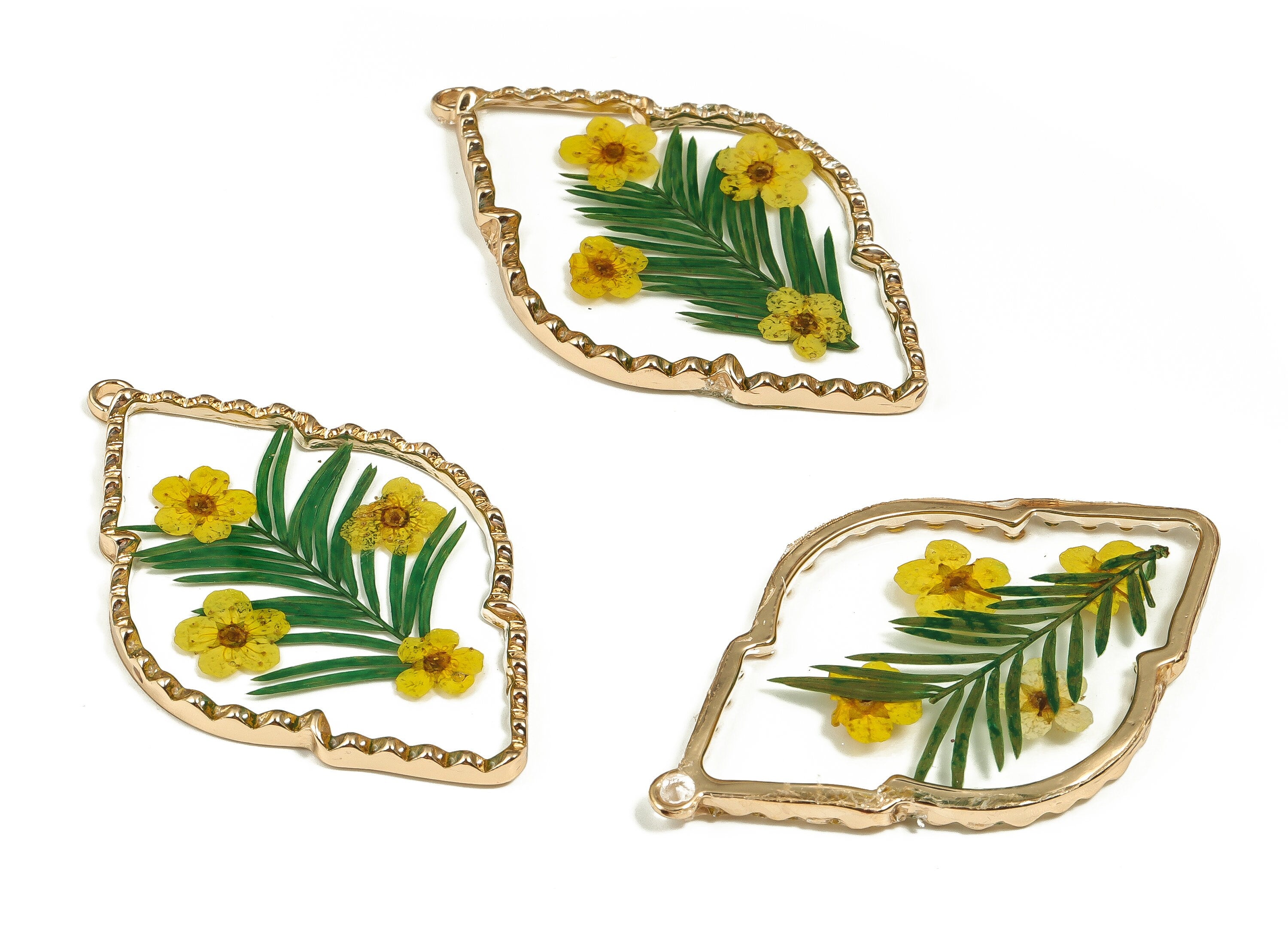 Epoxy Resin Diamond Real Flower Earring Charms - Sulphur Chrysanthemum&Narcissus Pendant - Gold Tone Plated Alloy - 54.87x32.55x3mm - ZZ1922 - DOMEDBAZAAR