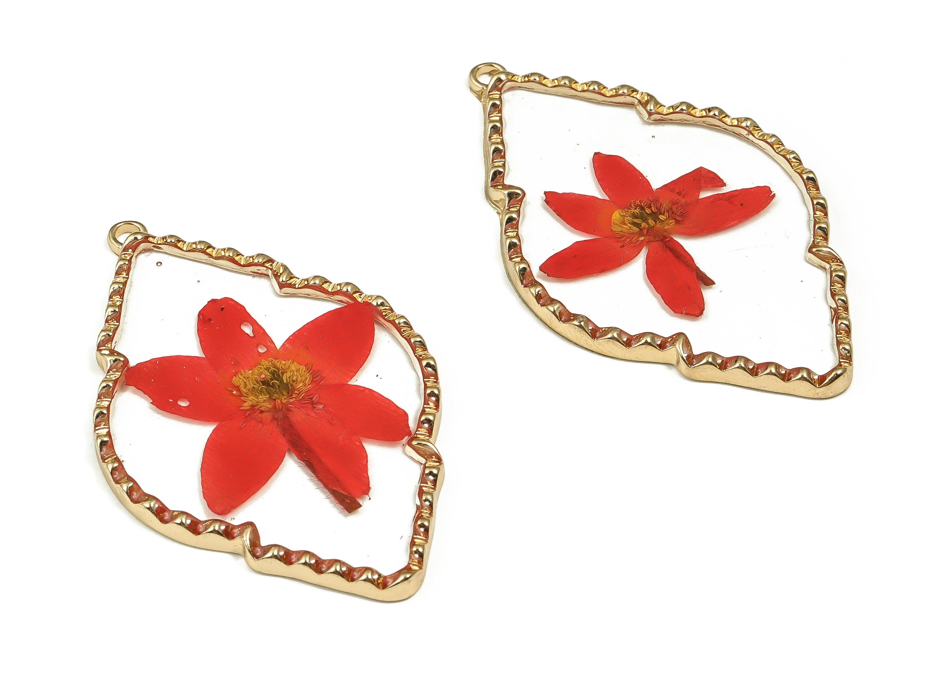 Epoxy Resin Diamond Real Flower Earring Charms - Epoxy Resin Annunciator Pendant - Gold Tone Plated Alloy - 54.01x33.73x2.77mm - ZZ1923 - DOMEDBAZAAR