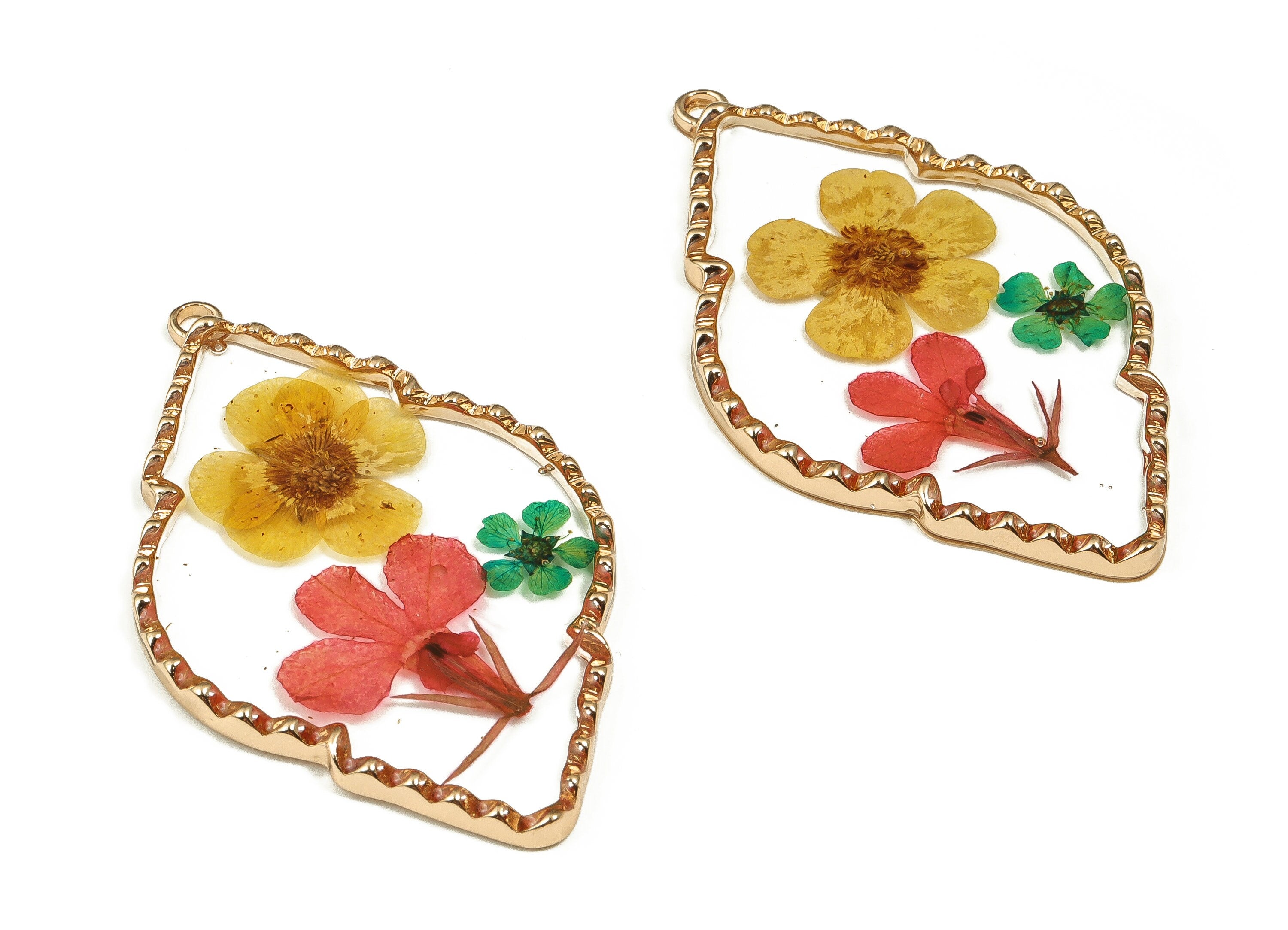 Epoxy Resin Diamond Real Flower Charms - Forget-me-not&Garden Lobelia - Narcissus Pendant - Gold Tone Plated Alloy - 55.1x32.26x3mm - ZZ1925 - DOMEDBAZAAR