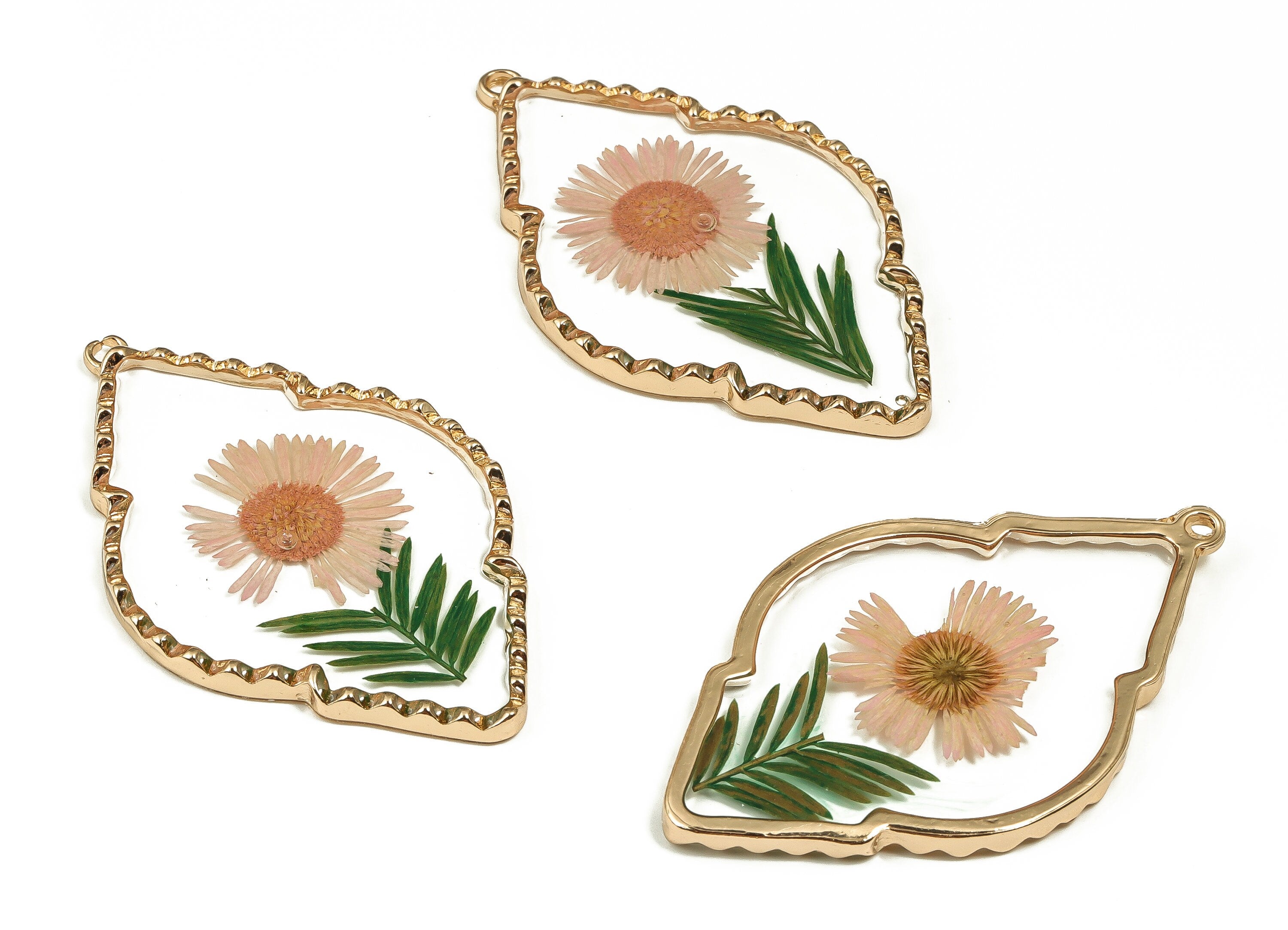 Epoxy Resin Diamond Real Flower Charms - Needle Chrysanthemum&Lack Pout Leaf Pendant - Gold Tone Plated Alloy - 54.73x32.45x2.98mm - ZZ1924 - DOMEDBAZAAR