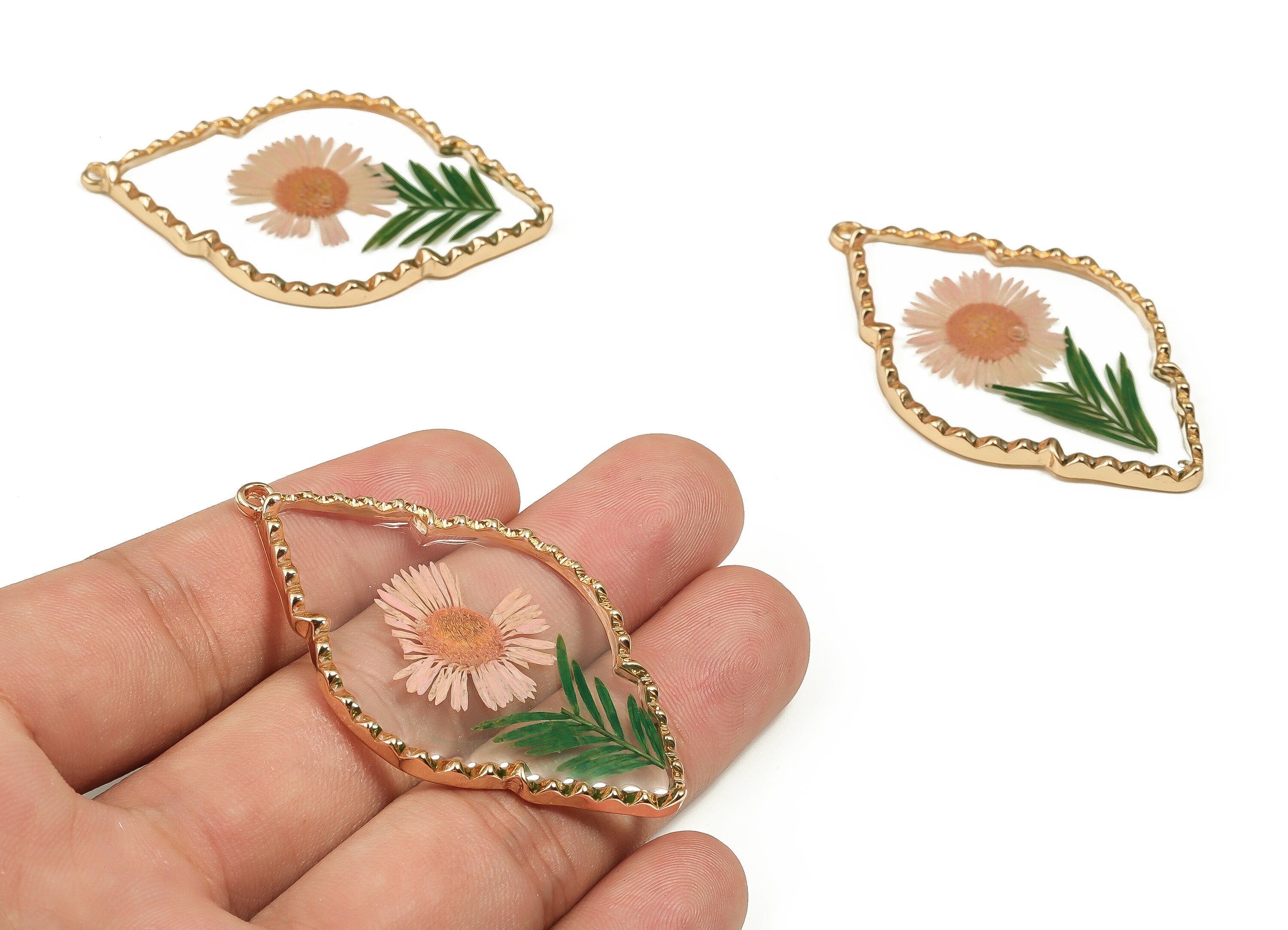 Epoxy Resin Diamond Real Flower Charms - Needle Chrysanthemum&Lack Pout Leaf Pendant - Gold Tone Plated Alloy - 54.73x32.45x2.98mm - ZZ1924 - DOMEDBAZAAR