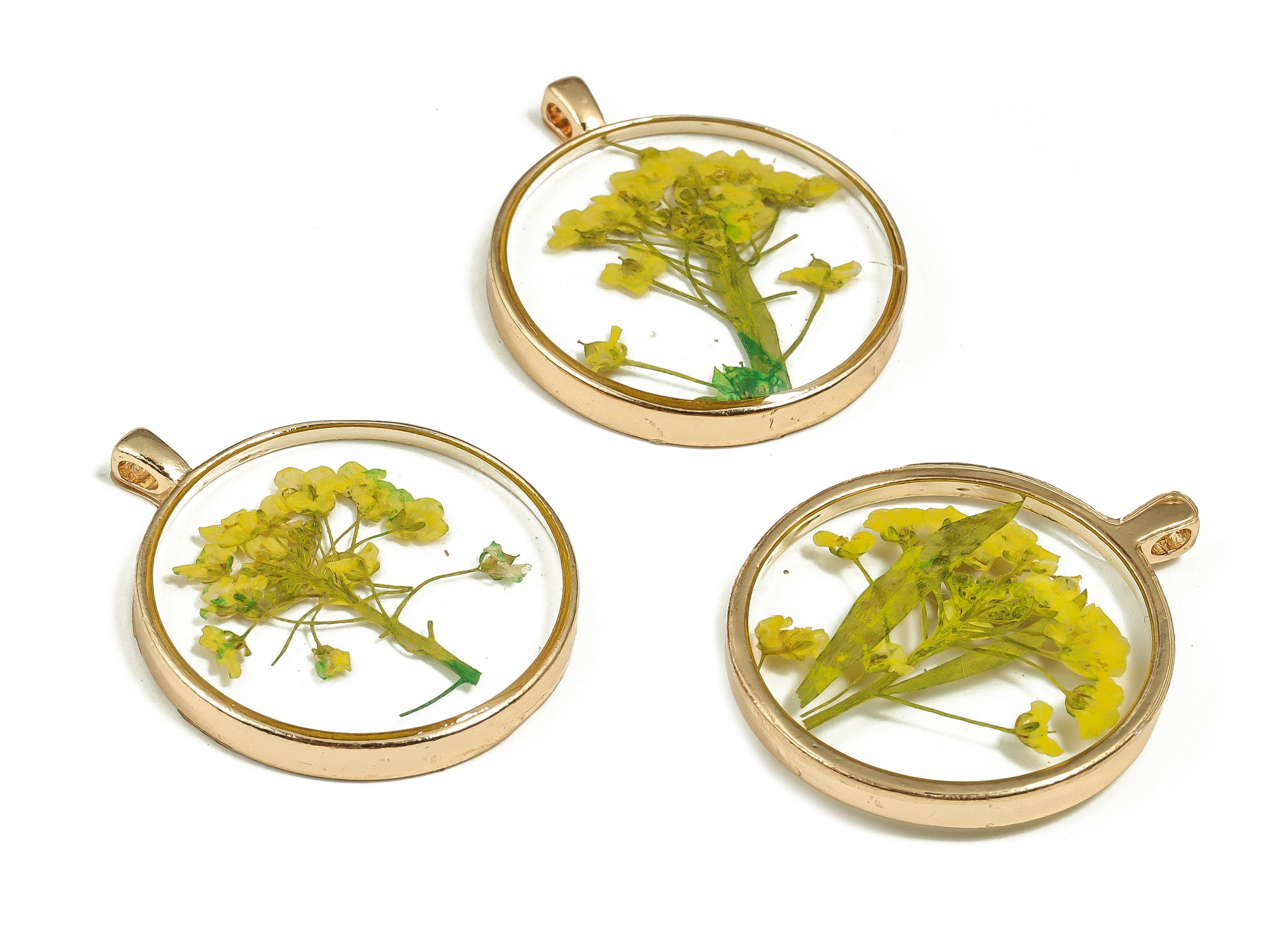Epoxy Resin Round Real Flower Earring Charms - Epoxy Resin Sweet Alyssum Pendant - Gold Tone Plated Alloy - 34.89x28.99x4.58mm - ZZ1899 - DOMEDBAZAAR