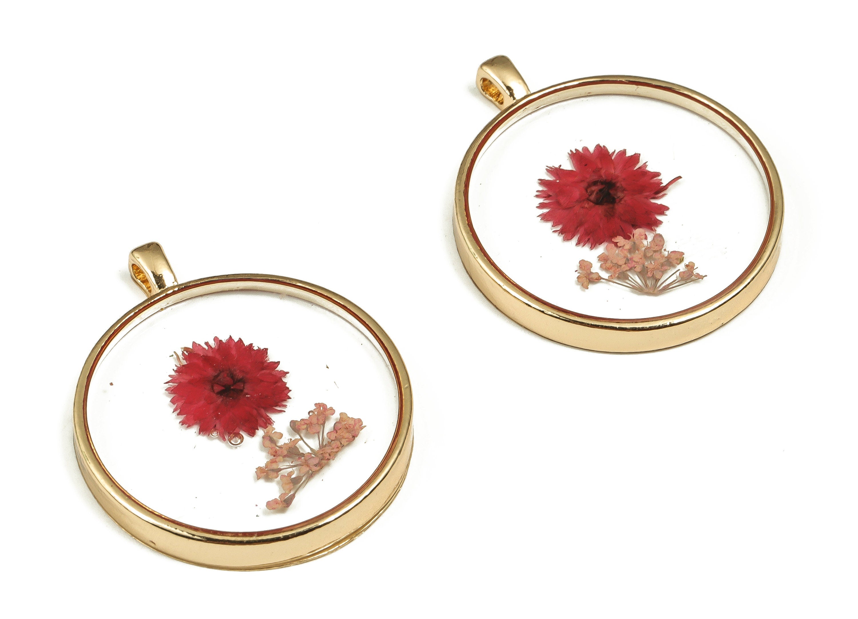 Epoxy Resin Round Real Flower Charms - Epoxy Resin Xiao Xiang Qin&Lace Flower Pendant - Gold Tone Plated Alloy - 35.25x29x3.79mm - ZZ1907 - DOMEDBAZAAR