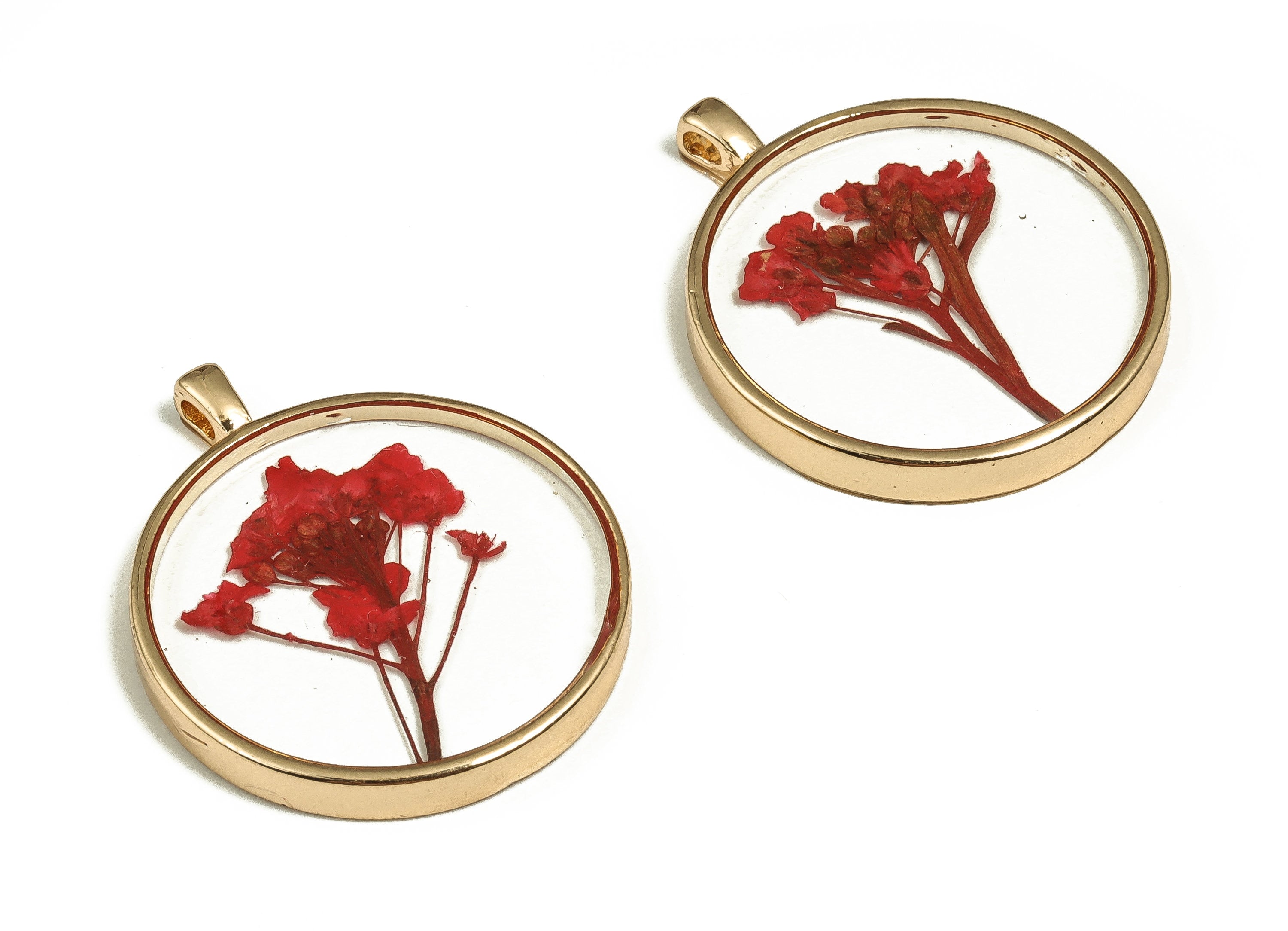 Epoxy Resin Round Real Flower Earring Charms - Epoxy Resin Sweet Alyssum Pendant - Gold Tone Plated Alloy - 34.89x28.93x4.83mm - ZZ1920 - DOMEDBAZAAR