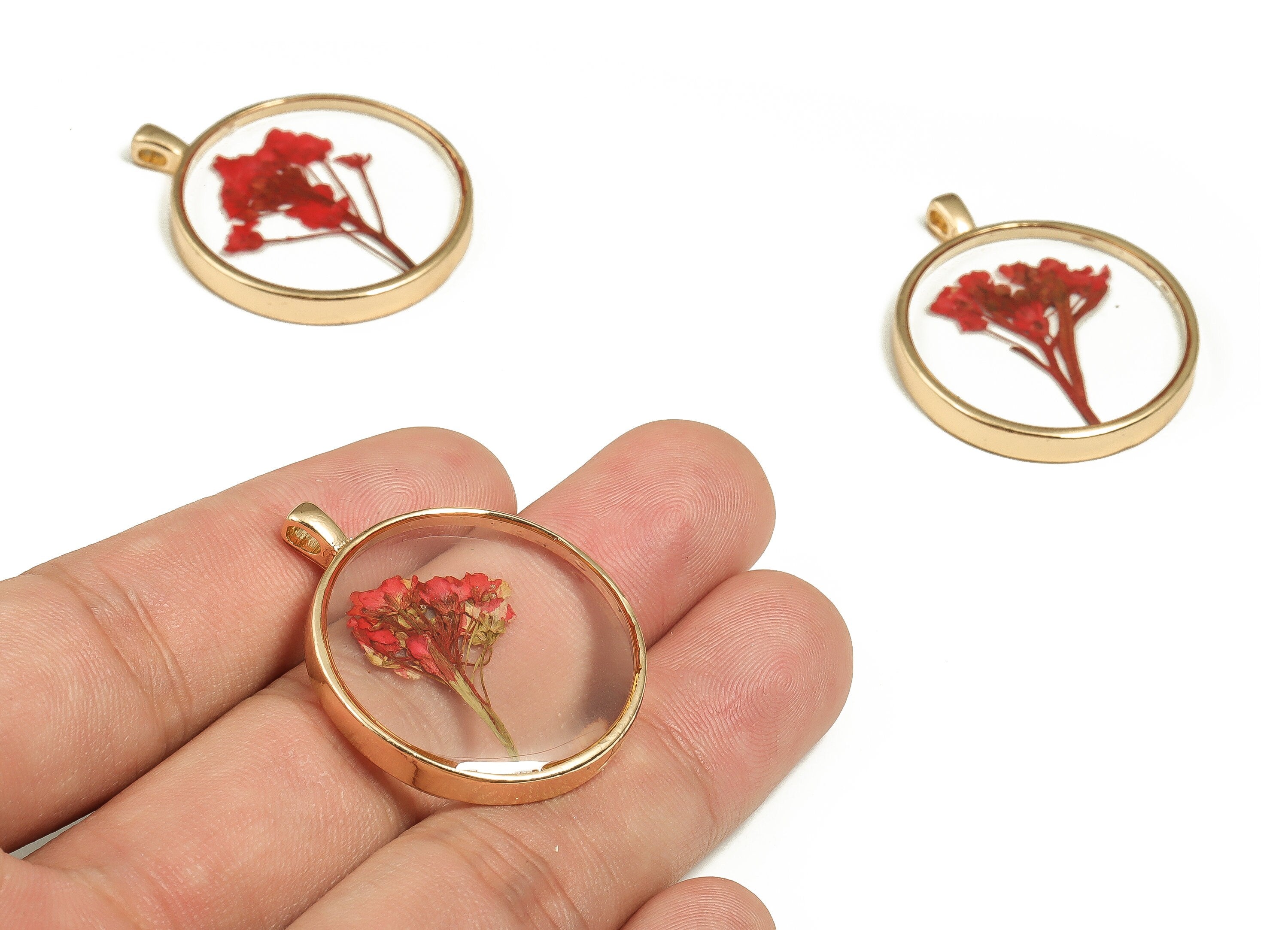 Epoxy Resin Round Real Flower Earring Charms - Epoxy Resin Sweet Alyssum Pendant - Gold Tone Plated Alloy - 34.89x28.93x4.83mm - ZZ1920 - DOMEDBAZAAR