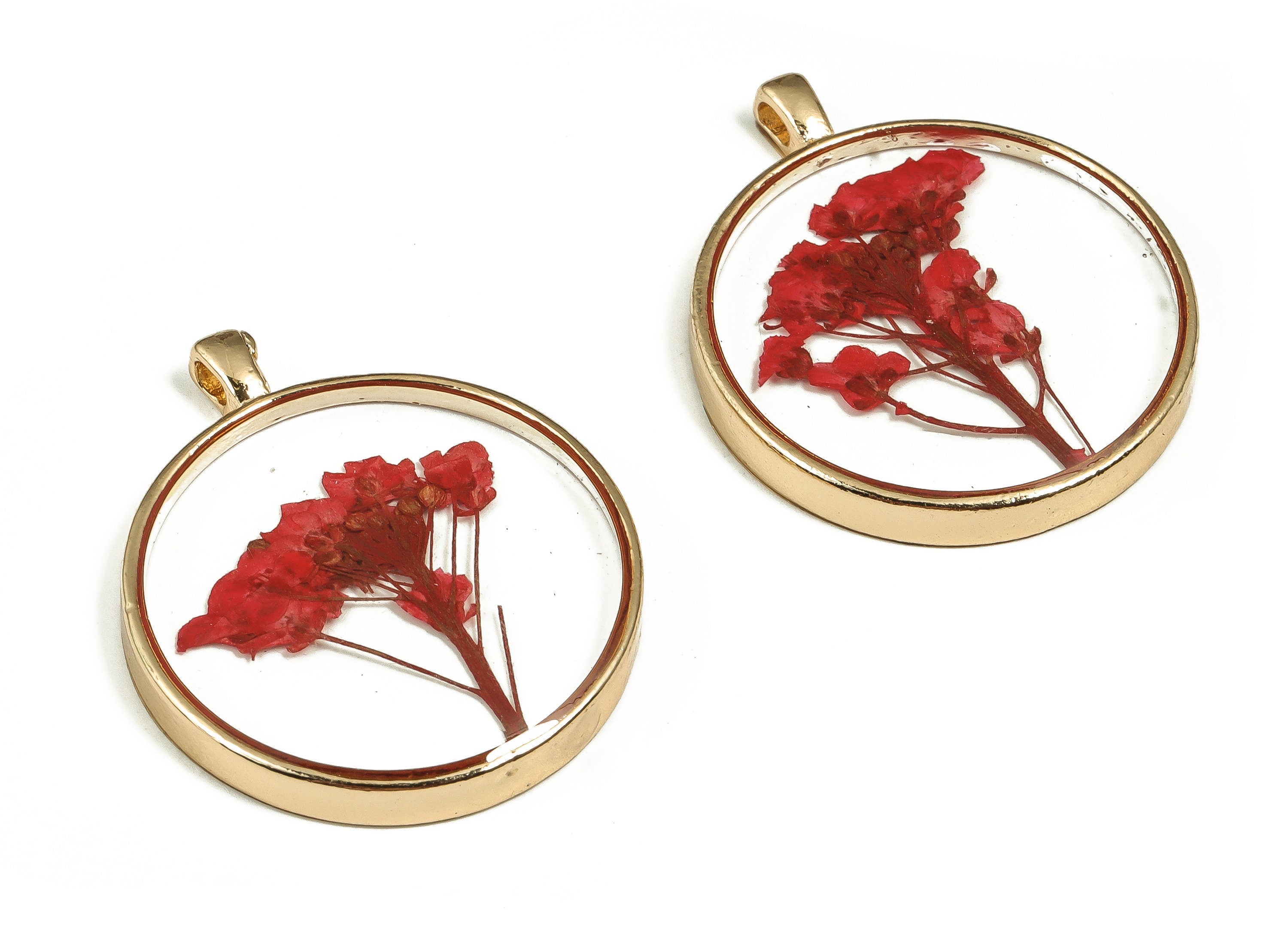 Epoxy Resin Round Real Flower Earring Charms - Epoxy Resin Sweet Alyssum Pendant - Gold Tone Plated Alloy - 34.89x28.97x4.19mm - ZZ1900 - DOMEDBAZAAR