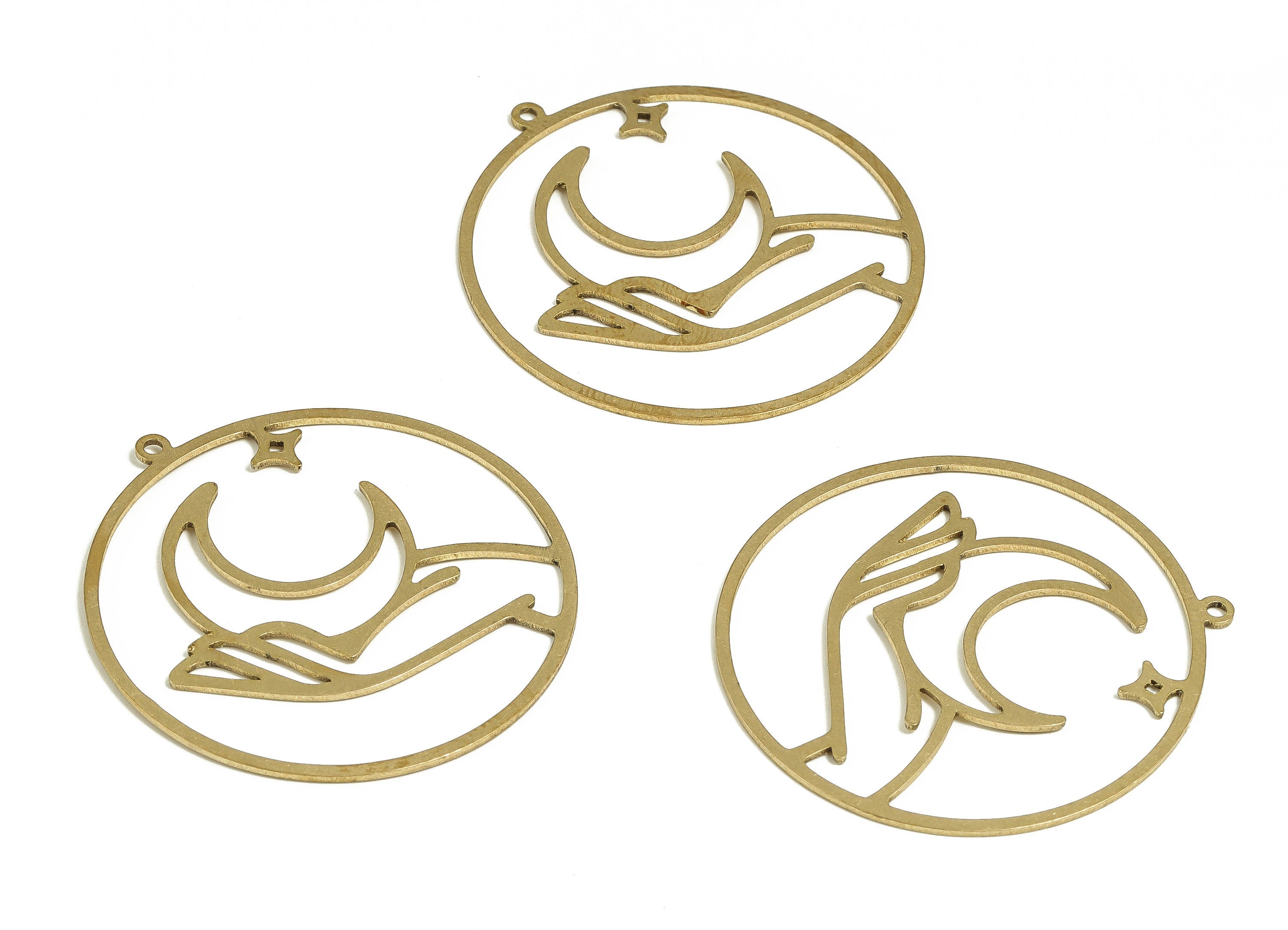 Brass Round Hand Earring Charms - Raw Brass Star Moon Pendant - Earrings Finding - Jewelry Making Supplies - 37.02x34.79x0.71mm - PP4699 - DOMEDBAZAAR