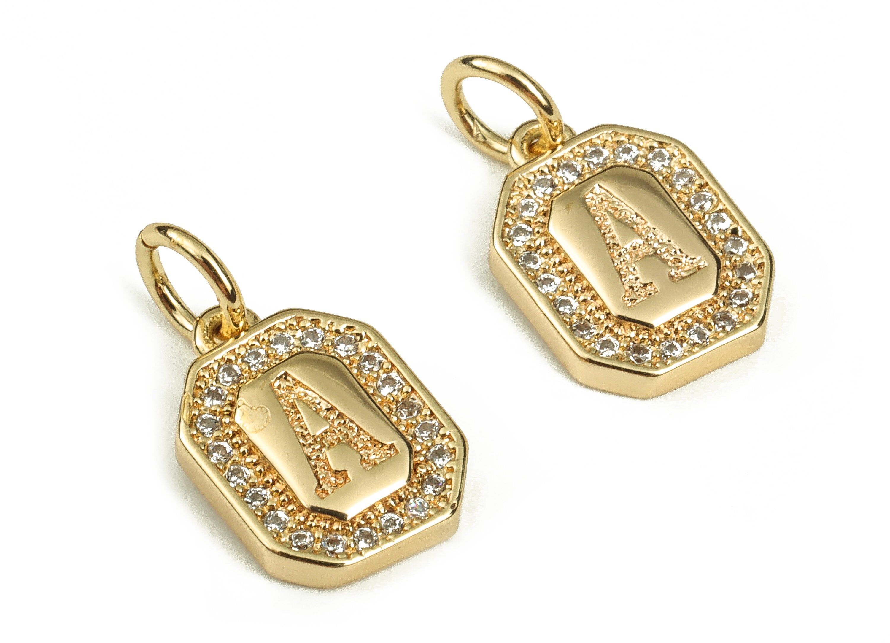 Brass Square Letter A Earring Charms with Zircons – Initial A Gold Alphabet Pendant – 18K Real Gold Plated Brass - 12.02x8.44x2mm - RGP3595A - DOMEDBAZAAR