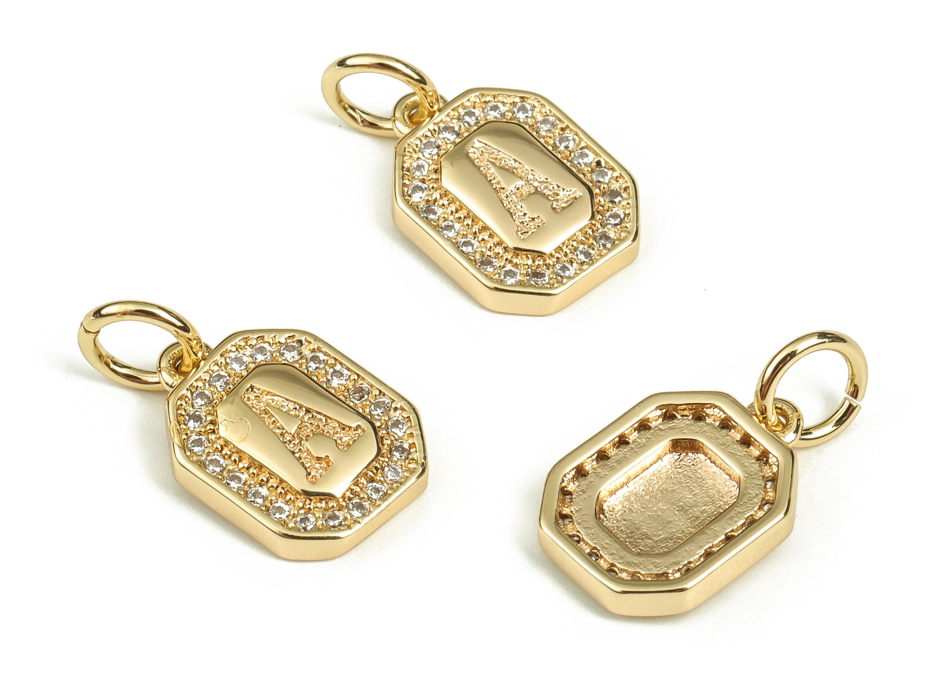 Brass Square Letter A Earring Charms with Zircons – Initial A Gold Alphabet Pendant – 18K Real Gold Plated Brass - 12.02x8.44x2mm - RGP3595A - DOMEDBAZAAR