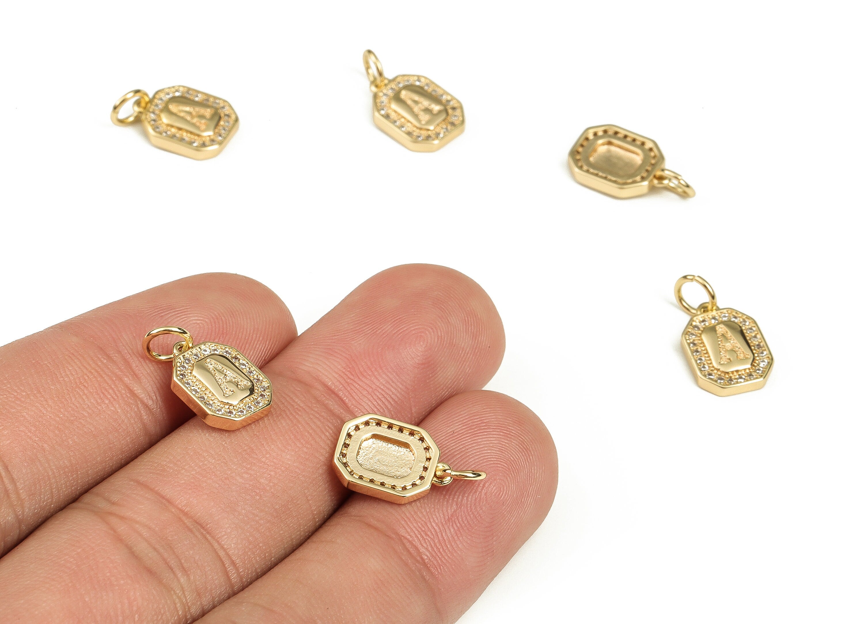 Brass Square Letter A Earring Charms with Zircons – Initial A Gold Alphabet Pendant – 18K Real Gold Plated Brass - 12.02x8.44x2mm - RGP3595A - DOMEDBAZAAR