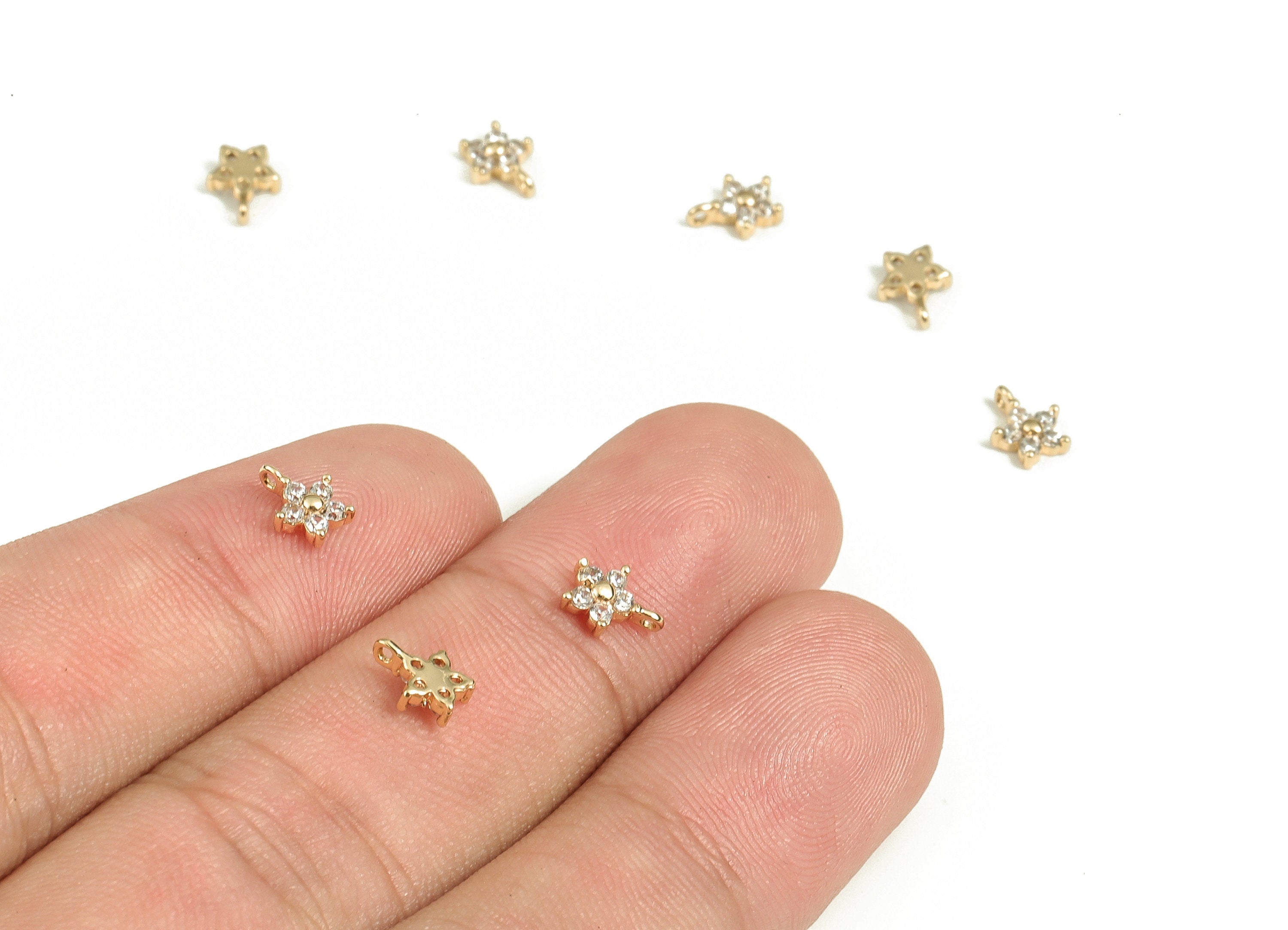 Brass Flowers Earring Charms With Zircons - Gold Flowers Pendant - 18K Real Gold Plated Brass - Jewelry Supplies - 6.52x4.9x1.88mm - RGP3890 - DOMEDBAZAAR