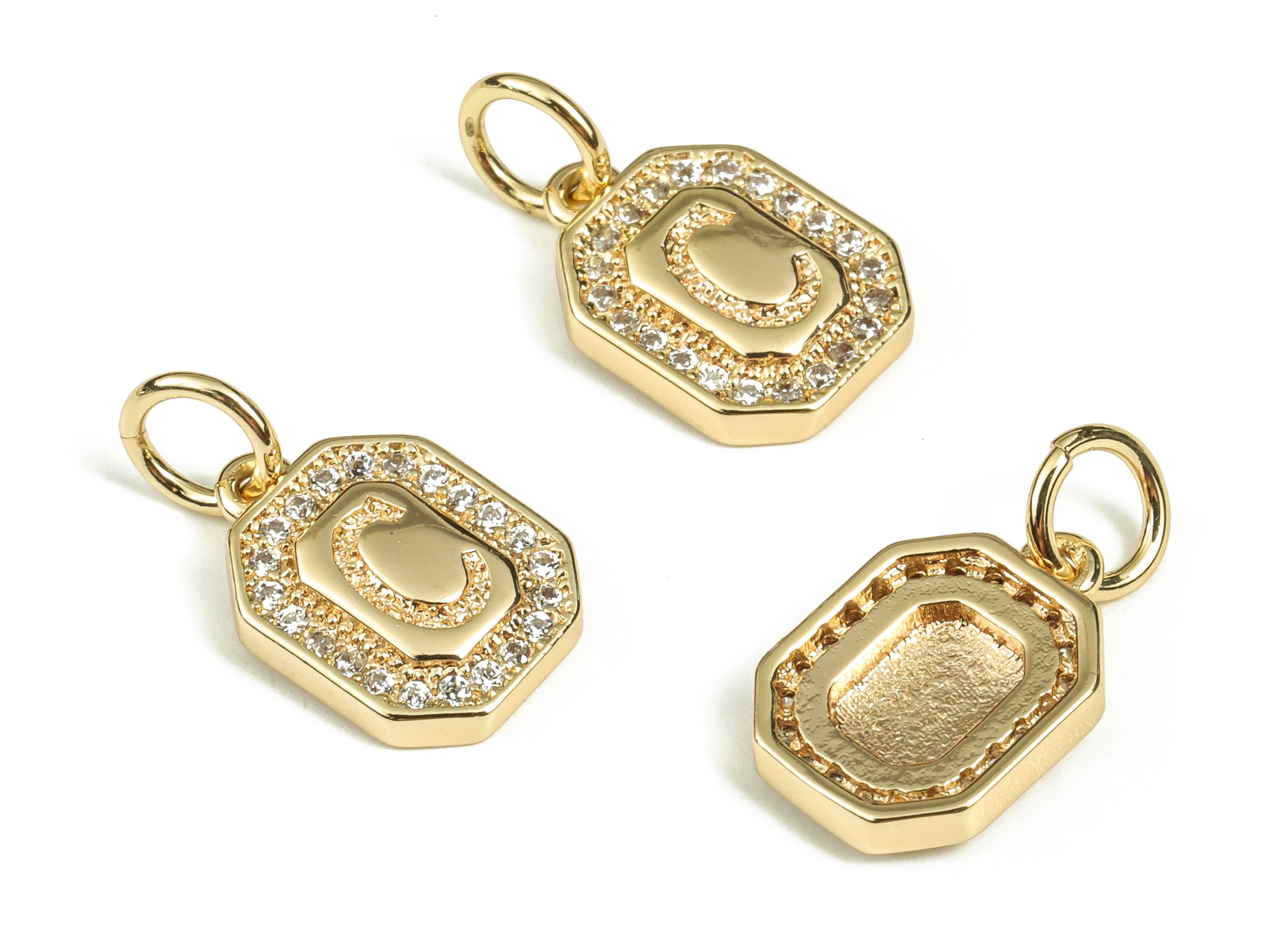 Brass Square Letter C Earring Charms with Zircons – Initial C Gold Alphabet Pendant – 18K Real Gold Plated Brass -12.1x8.4x2.54mm- RGP3595C - DOMEDBAZAAR