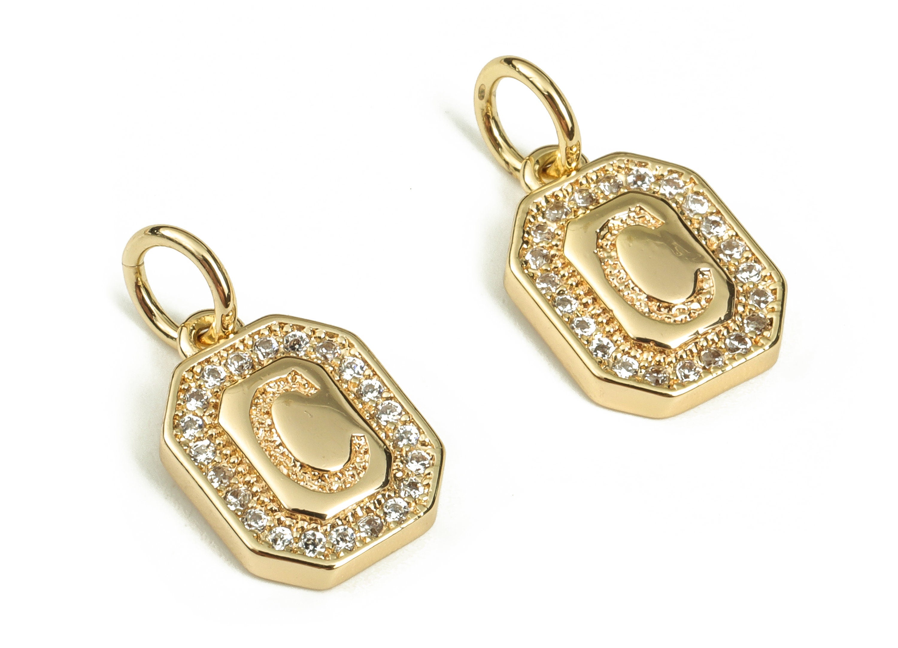 Brass Square Letter C Earring Charms with Zircons – Initial C Gold Alphabet Pendant – 18K Real Gold Plated Brass -12.1x8.4x2.54mm- RGP3595C - DOMEDBAZAAR