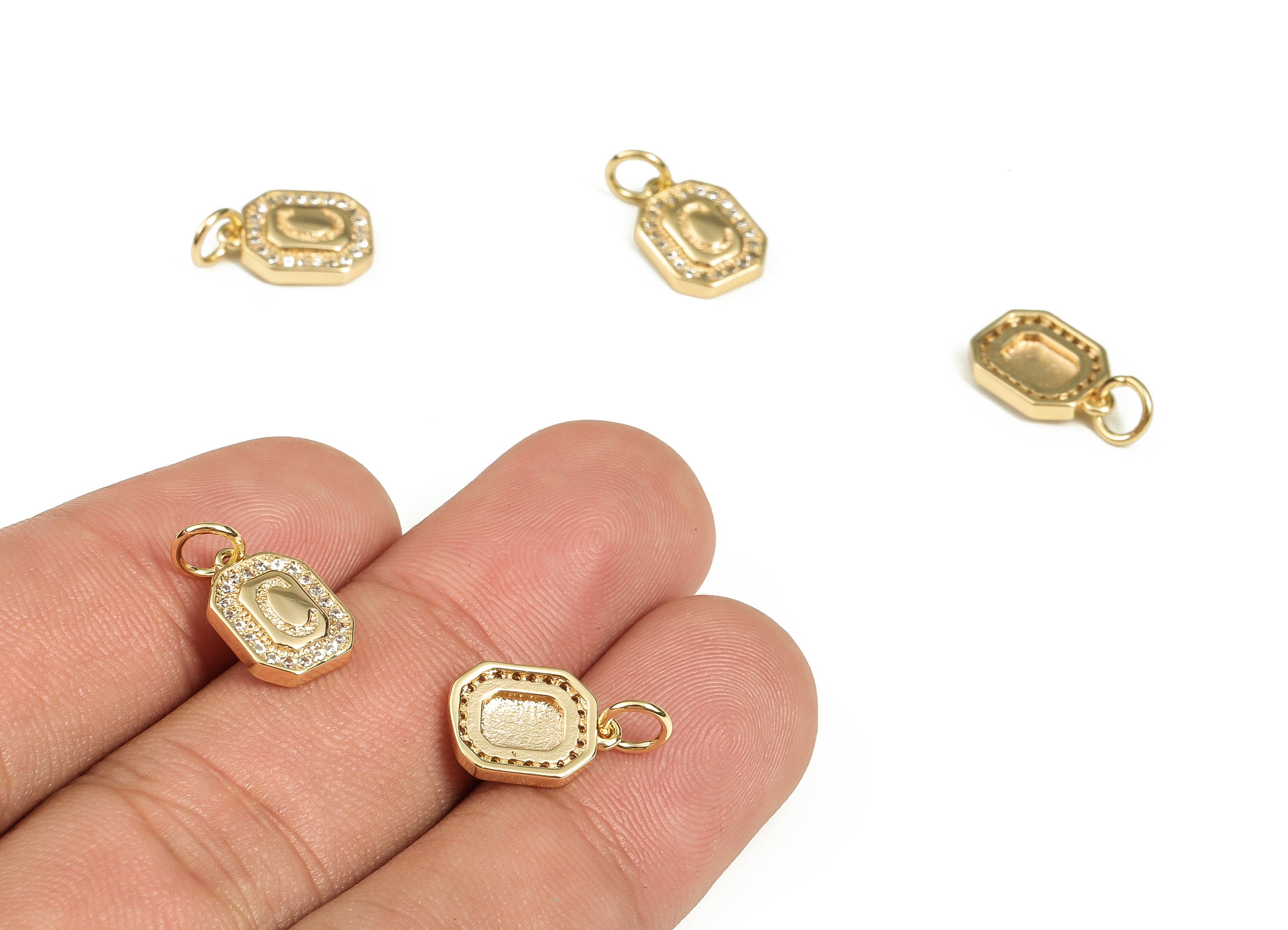 Brass Square Letter C Earring Charms with Zircons – Initial C Gold Alphabet Pendant – 18K Real Gold Plated Brass -12.1x8.4x2.54mm- RGP3595C - DOMEDBAZAAR