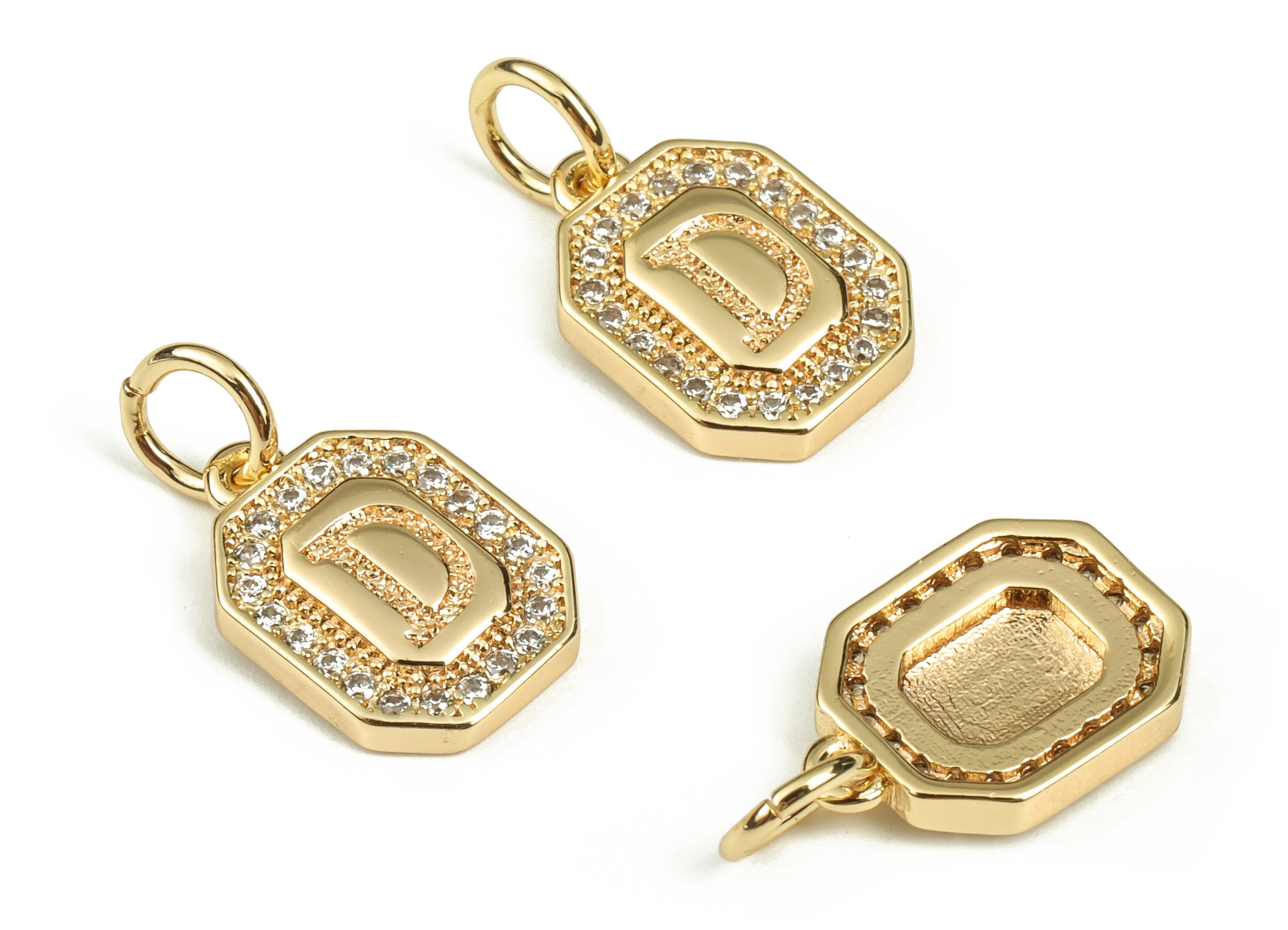 Brass Square Letter D Earring Charms with Zircons – Initial D Gold Alphabet Pendant – 18K Real Gold Plated Brass-12.29x8.45x2.23mm- RGP3595D - DOMEDBAZAAR