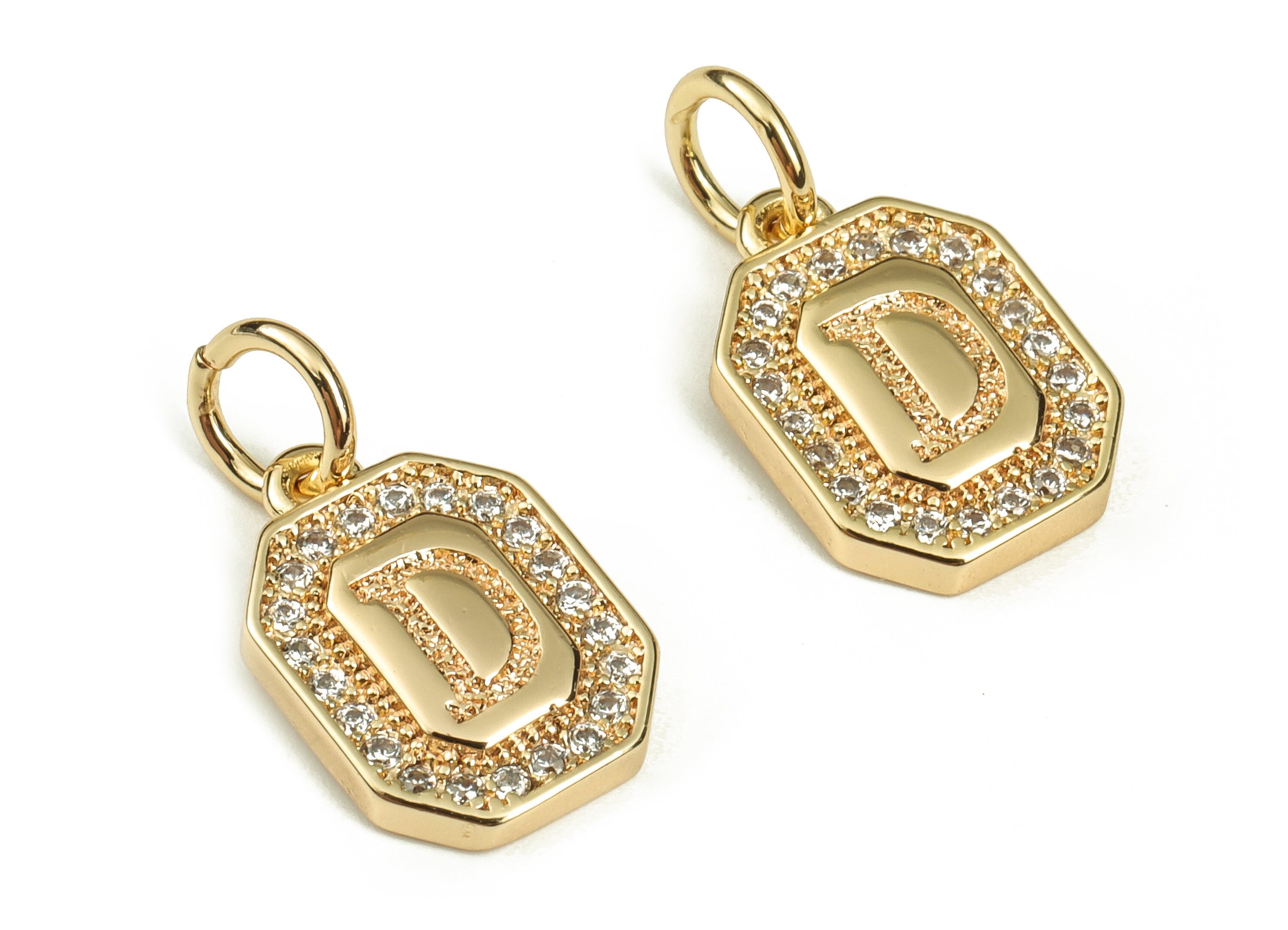 Brass Square Letter D Earring Charms with Zircons – Initial D Gold Alphabet Pendant – 18K Real Gold Plated Brass-12.29x8.45x2.23mm- RGP3595D - DOMEDBAZAAR