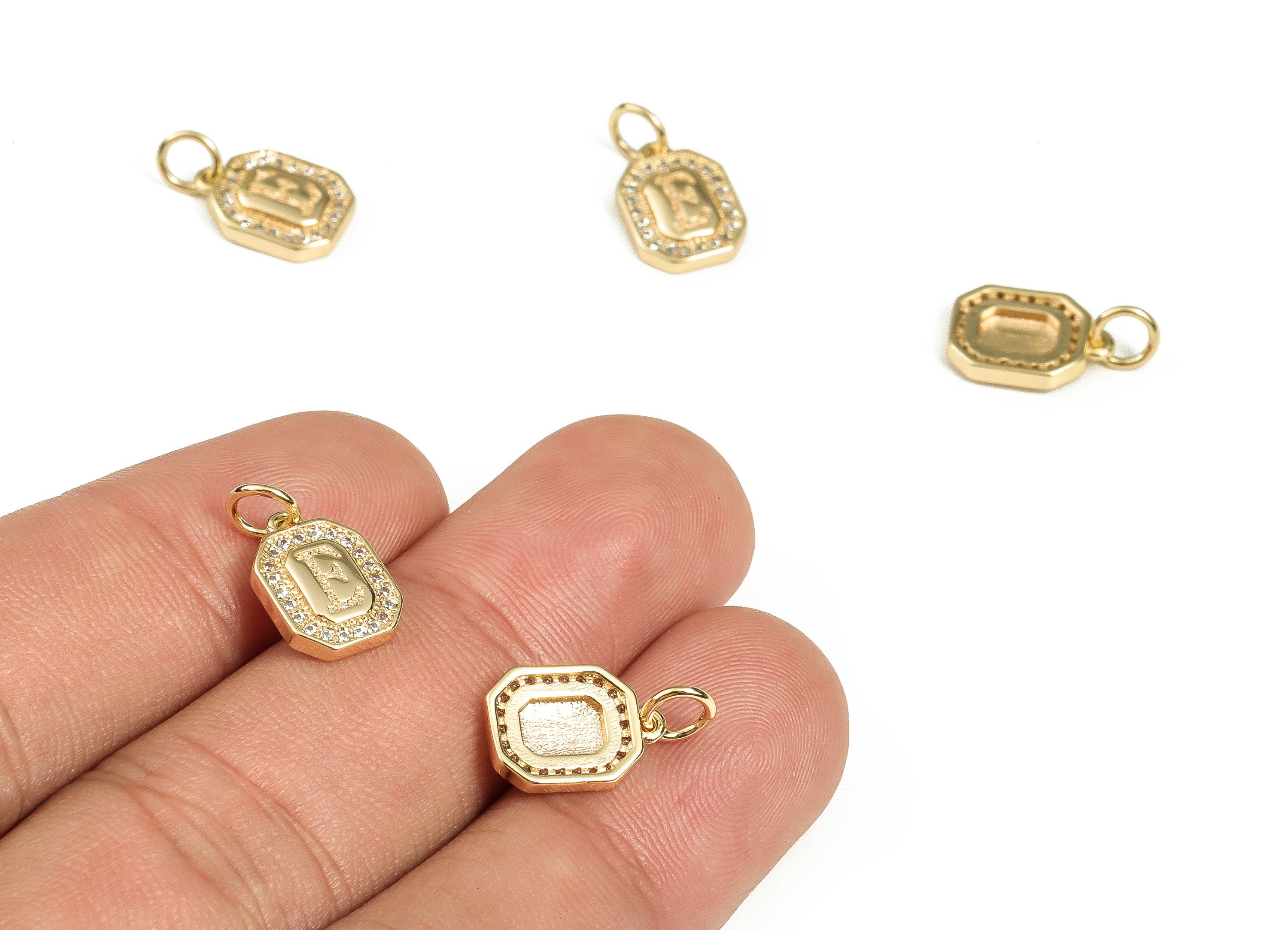 Brass Square Letter E Earring Charms with Zircons – Initial E Gold Alphabet Pendant – 18K Real Gold Plated Brass -11.94x8.47x2.22mm-RGP3595E - DOMEDBAZAAR