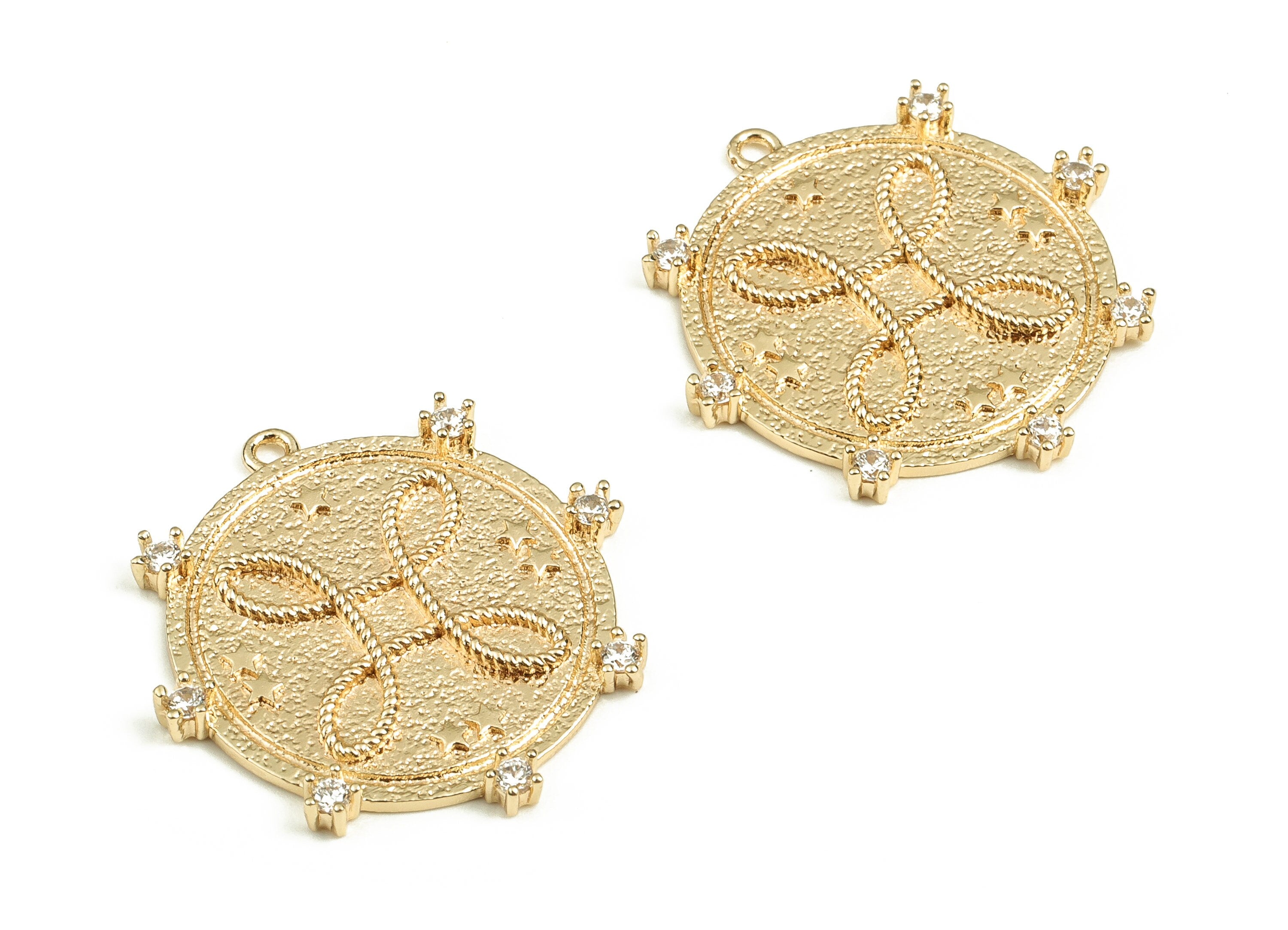 Brass Round Truelove knot Earring Charms - Gold Circle Pendant With Zircons - 18K Real Gold Plated Brass - 24.43x22.86x2.31mm- RGP3895 - DOMEDBAZAAR