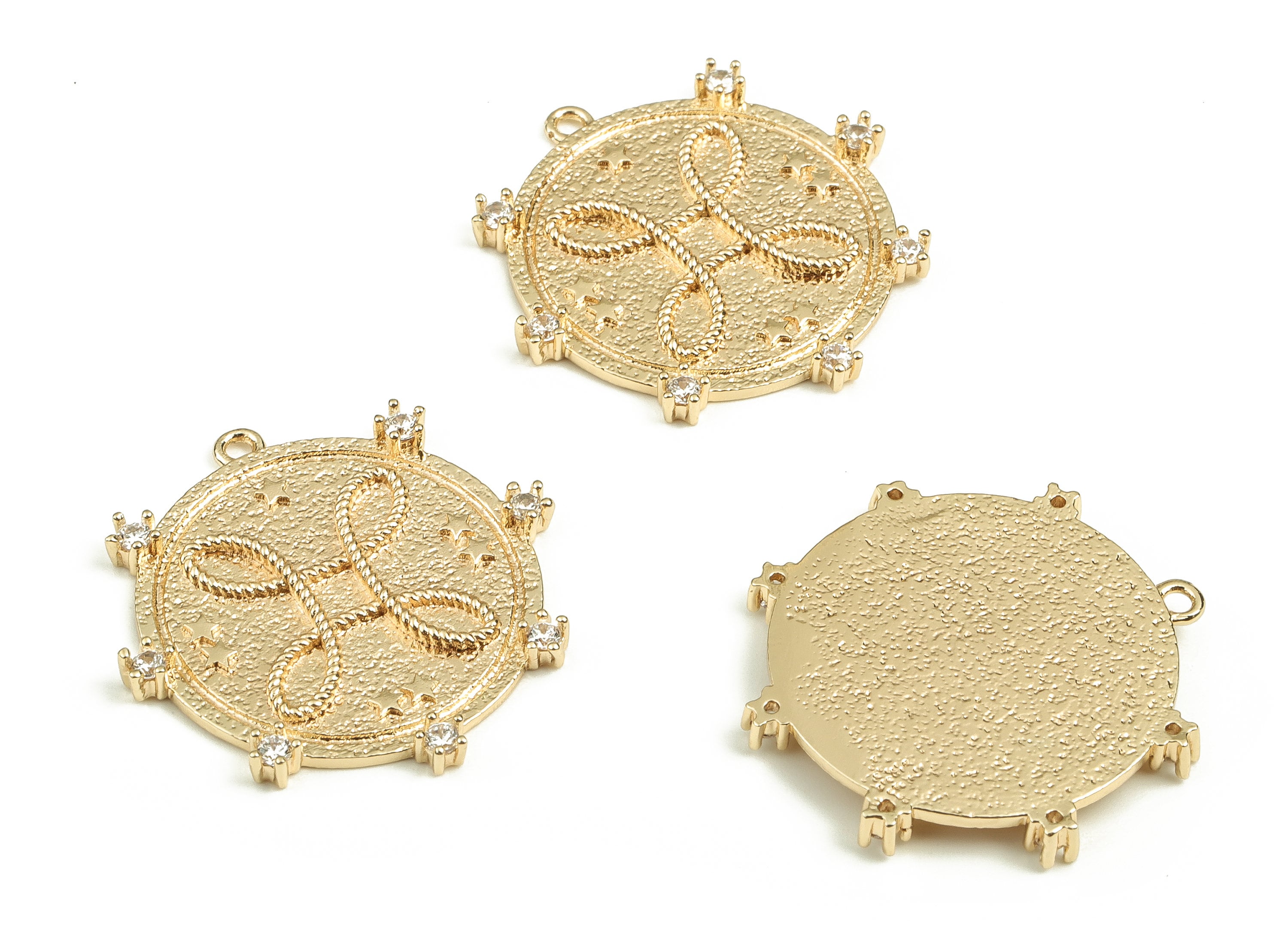 Brass Round Truelove knot Earring Charms - Gold Circle Pendant With Zircons - 18K Real Gold Plated Brass - 24.43x22.86x2.31mm- RGP3895 - DOMEDBAZAAR