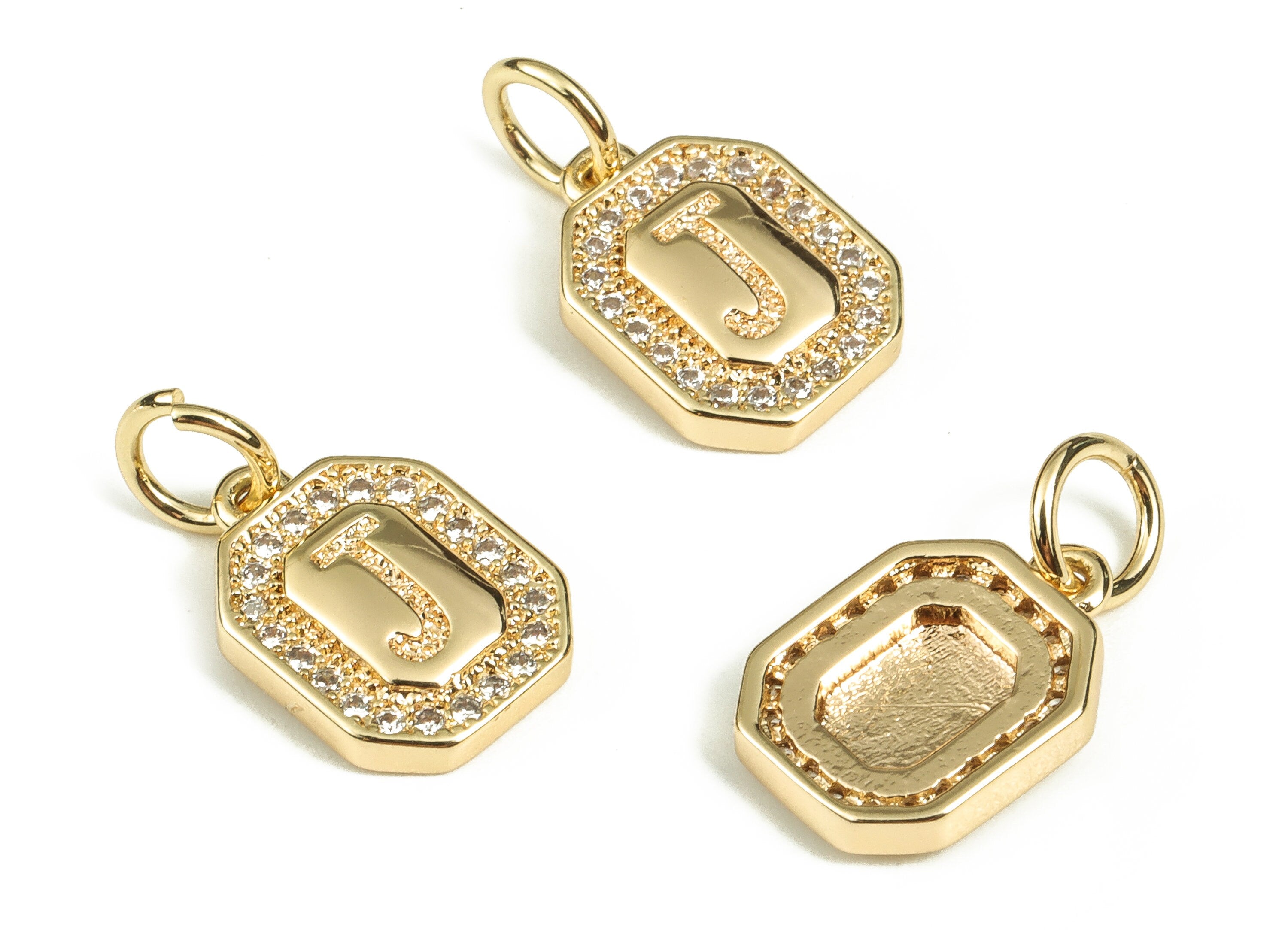 Brass Square Letter J Earring Charms with Zircons – Initial J Gold Alphabet Pendant – 18K Real Gold Plated Brass -12.15x8.47x2.42mm-RGP3595J - DOMEDBAZAAR