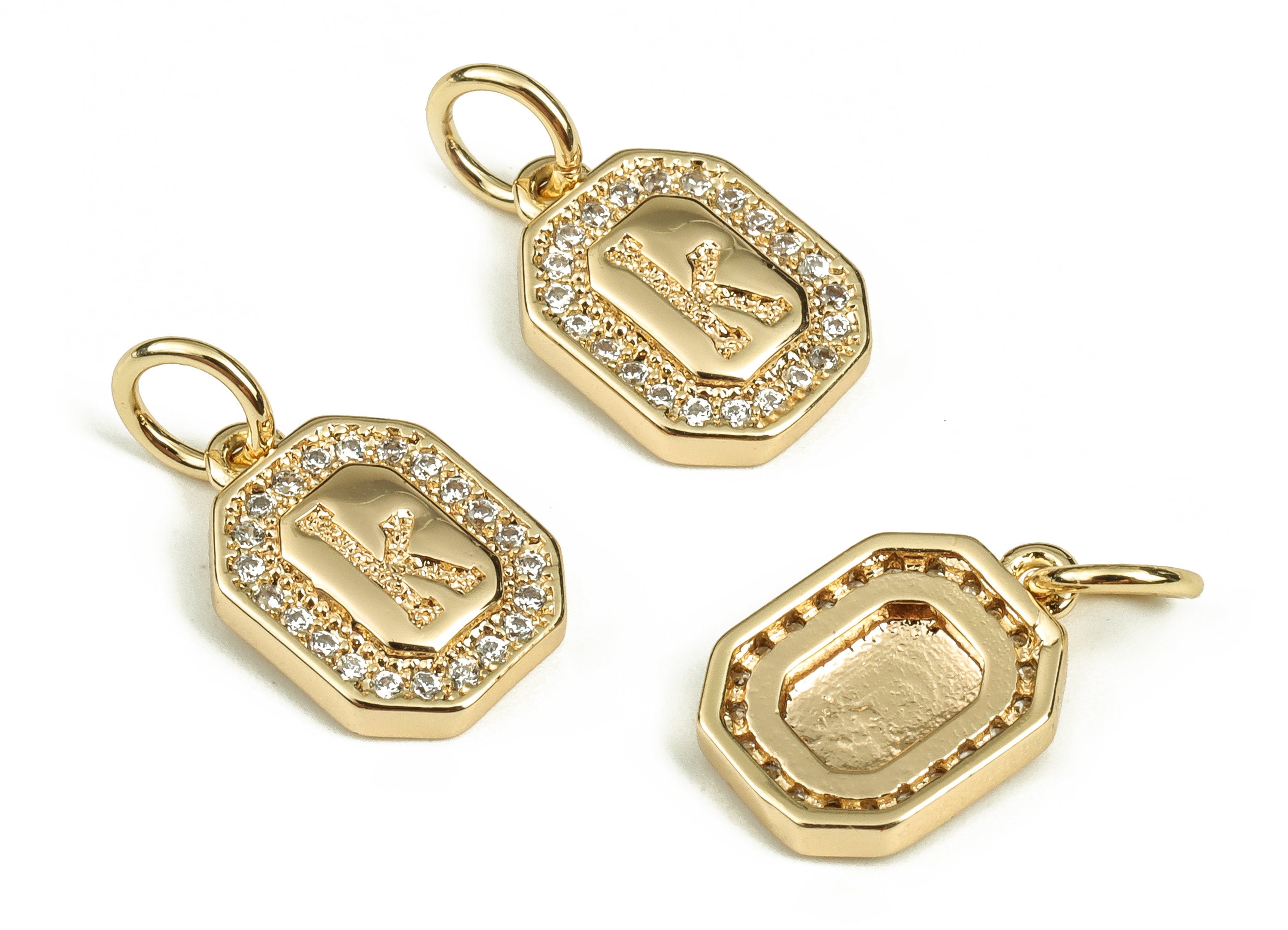 Brass Square Letter K Earring Charms with Zircons – Initial K Gold Alphabet Pendant – 18K Real Gold Plated Brass -12.0x8.55x2.19mm-RGP3595K - DOMEDBAZAAR