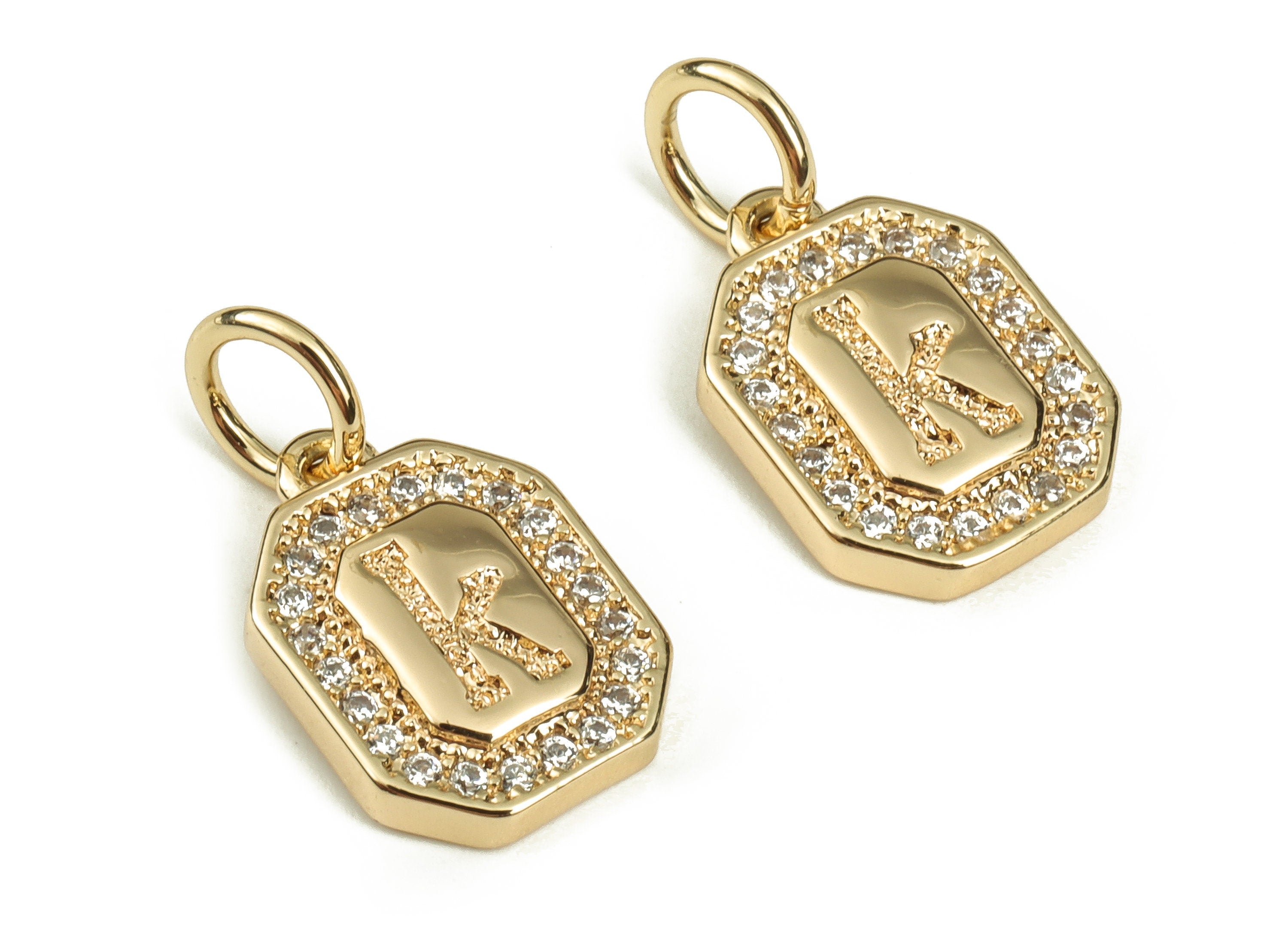 Brass Square Letter K Earring Charms with Zircons – Initial K Gold Alphabet Pendant – 18K Real Gold Plated Brass -12.0x8.55x2.19mm-RGP3595K - DOMEDBAZAAR
