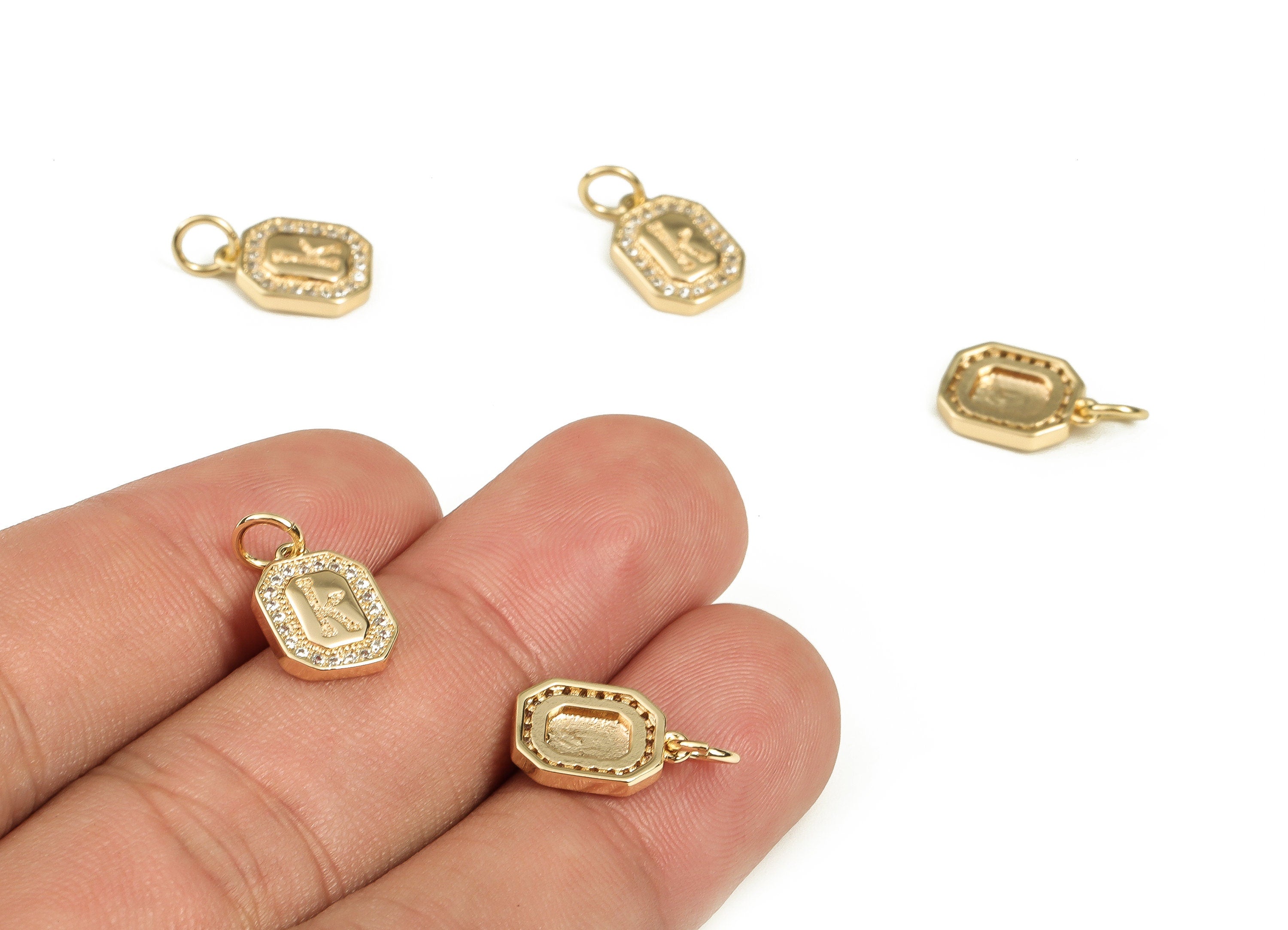 Brass Square Letter K Earring Charms with Zircons – Initial K Gold Alphabet Pendant – 18K Real Gold Plated Brass -12.0x8.55x2.19mm-RGP3595K - DOMEDBAZAAR