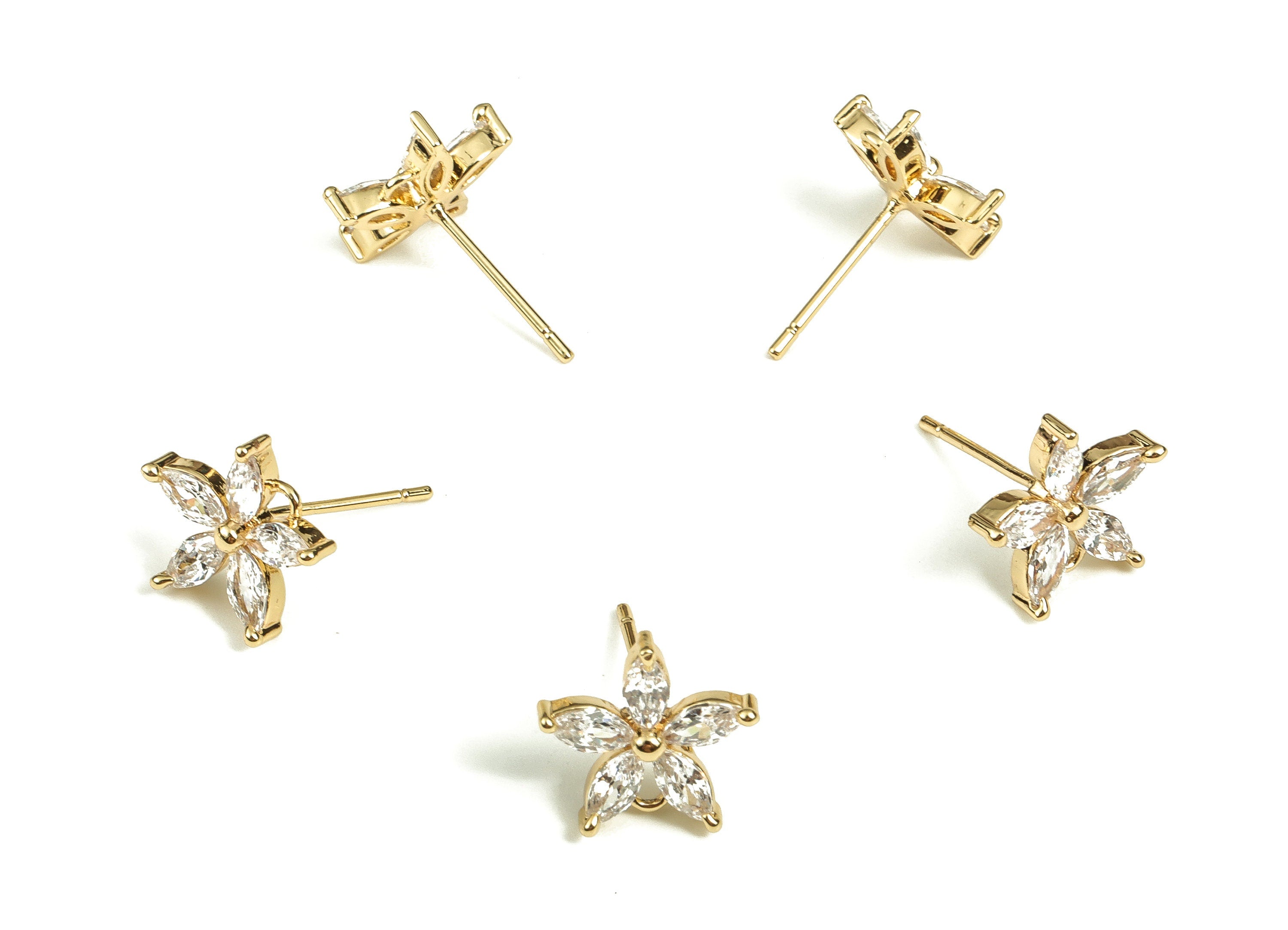Brass Flower Earring Stud With Zircons - Gold Flower Post - Stainless Steel Stud - 18K Real Gold Plated Brass – 10.64x10.48x2.02mm - RGP3893 - DOMEDBAZAAR