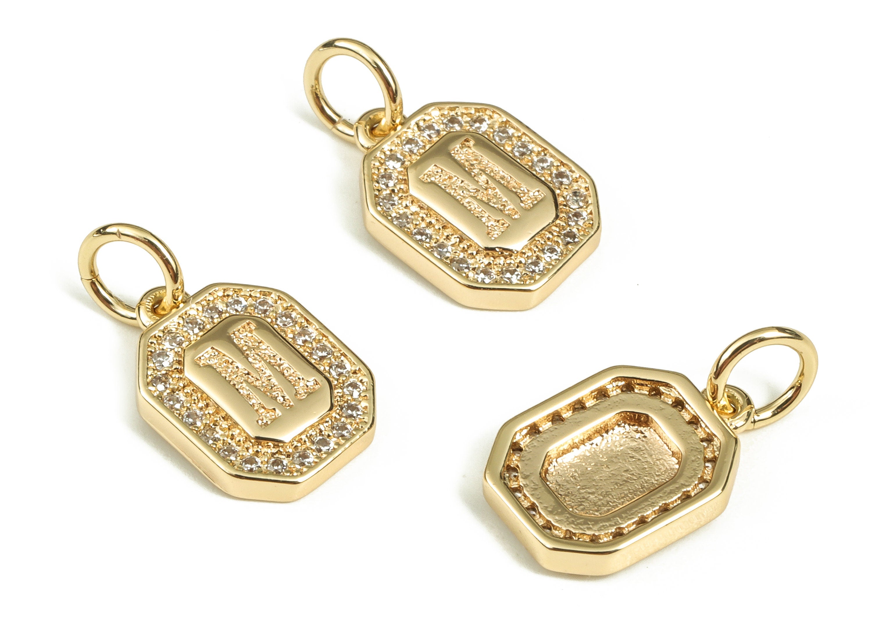 Brass Square Letter M Earring Charms with Zircons – Initial M Gold Alphabet Pendant – 18K Real Gold Plated Brass -12.02x8.47x2.28mm-RGP3595M - DOMEDBAZAAR