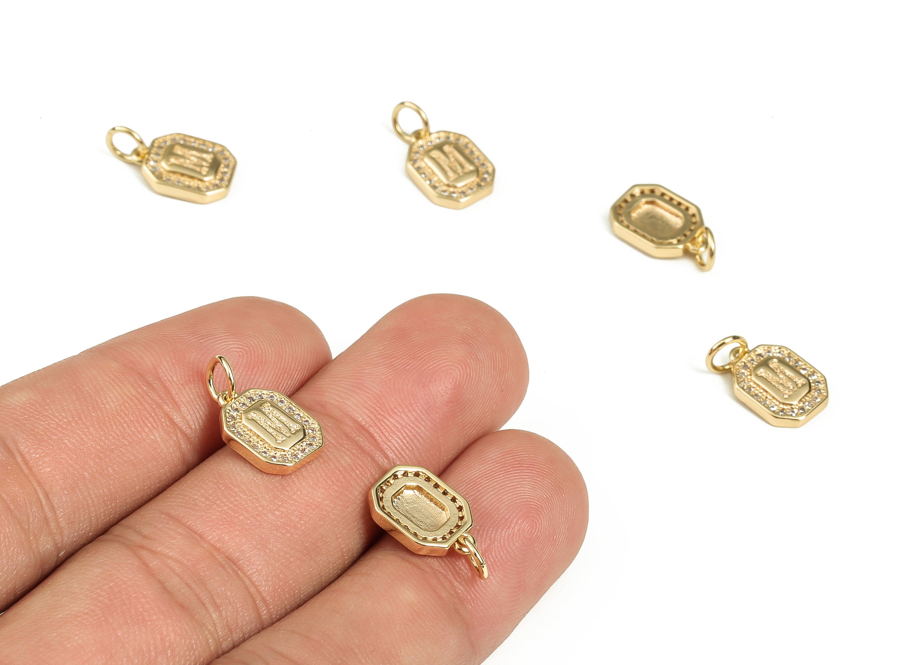 Brass Square Letter M Earring Charms with Zircons – Initial M Gold Alphabet Pendant – 18K Real Gold Plated Brass -12.02x8.47x2.28mm-RGP3595M - DOMEDBAZAAR