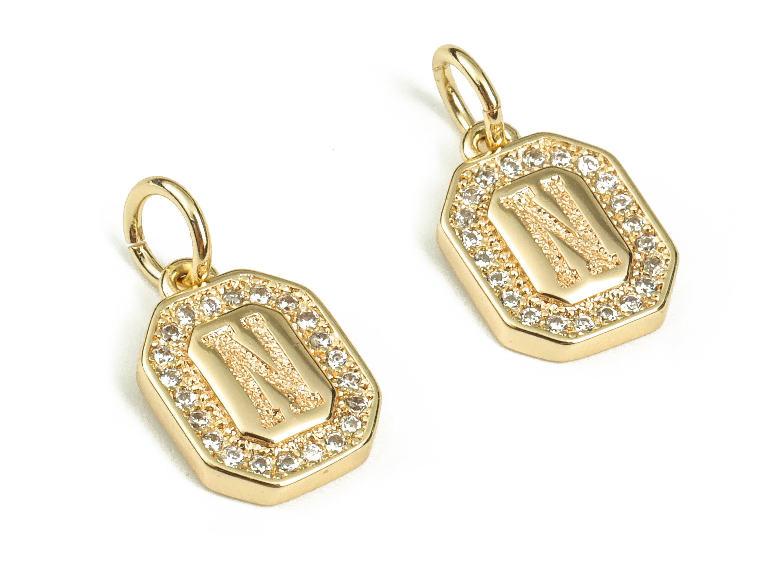 Brass Square Letter N Earring Charms with Zircons – Initial N Gold Alphabet Pendant – 18K Real Gold Plated Brass -11.79x8.53x2.21mm-RGP3595N - DOMEDBAZAAR