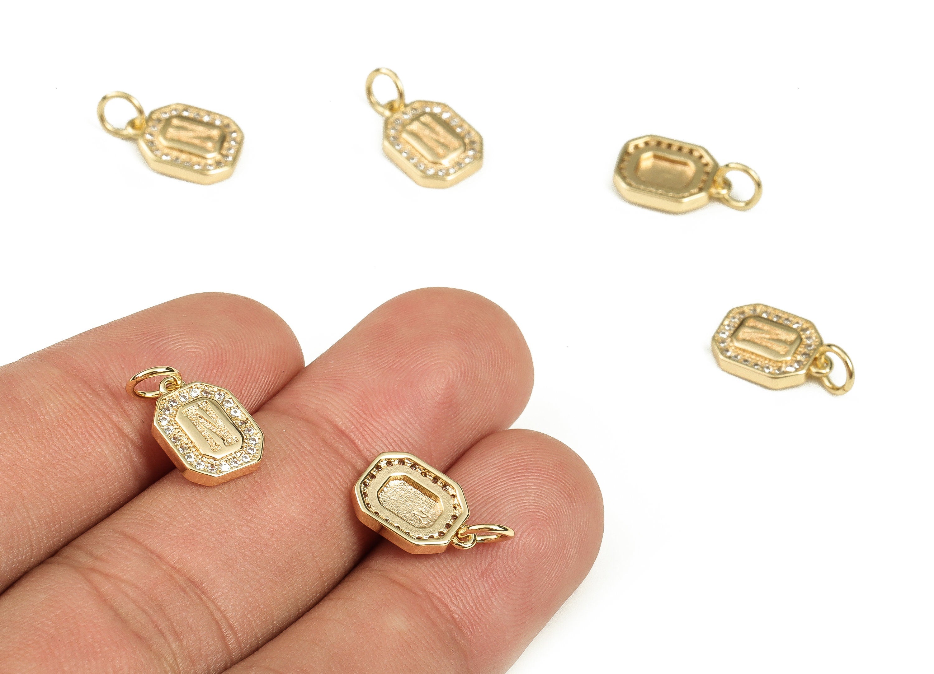 Brass Square Letter N Earring Charms with Zircons – Initial N Gold Alphabet Pendant – 18K Real Gold Plated Brass -11.79x8.53x2.21mm-RGP3595N - DOMEDBAZAAR
