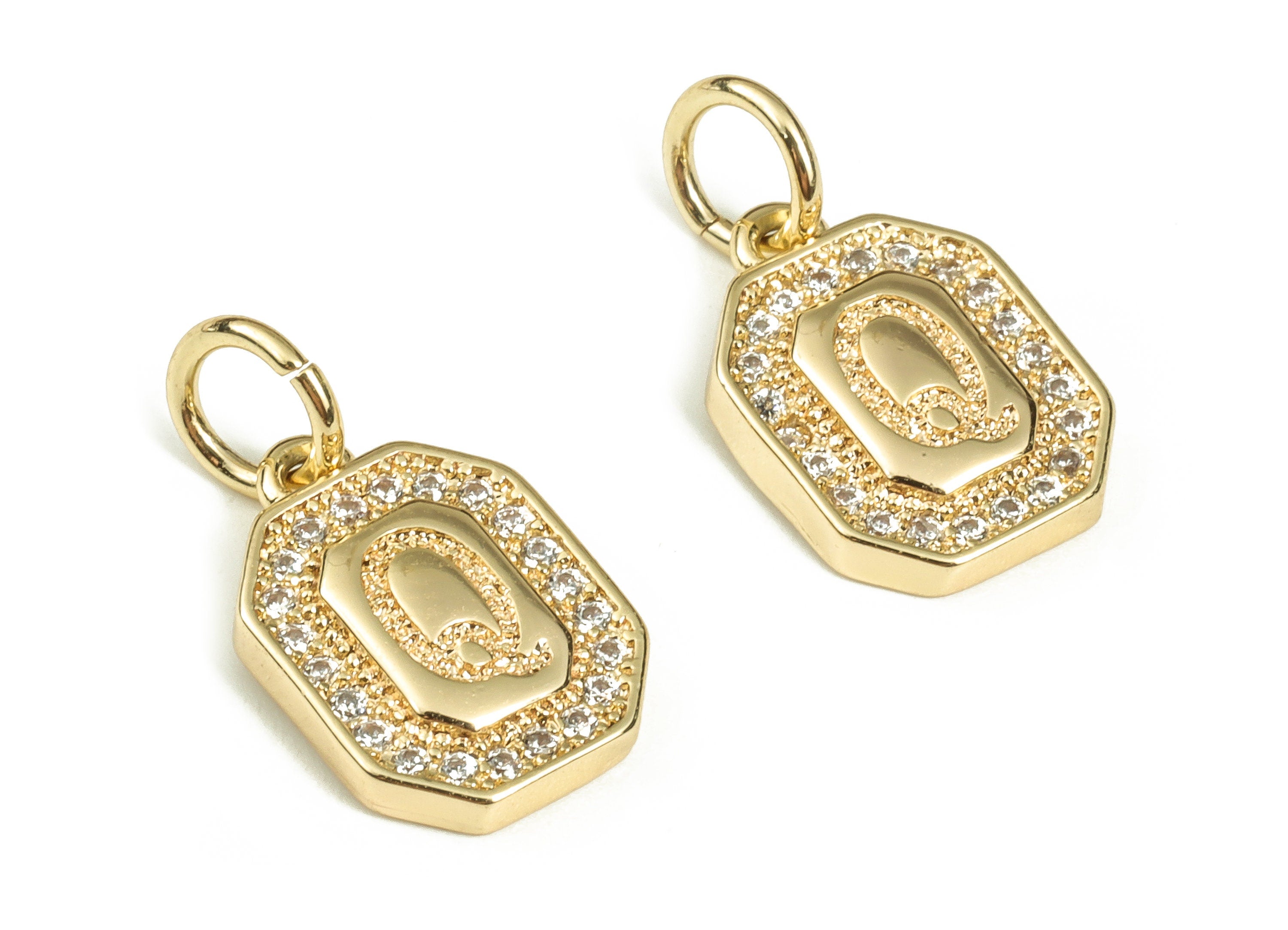 Brass Square Letter Q Earring Charms with Zircons – Initial Q Gold Alphabet Pendant – 18K Real Gold Plated Brass -12.11x8.44x2.37mm-RGP3595Q - DOMEDBAZAAR