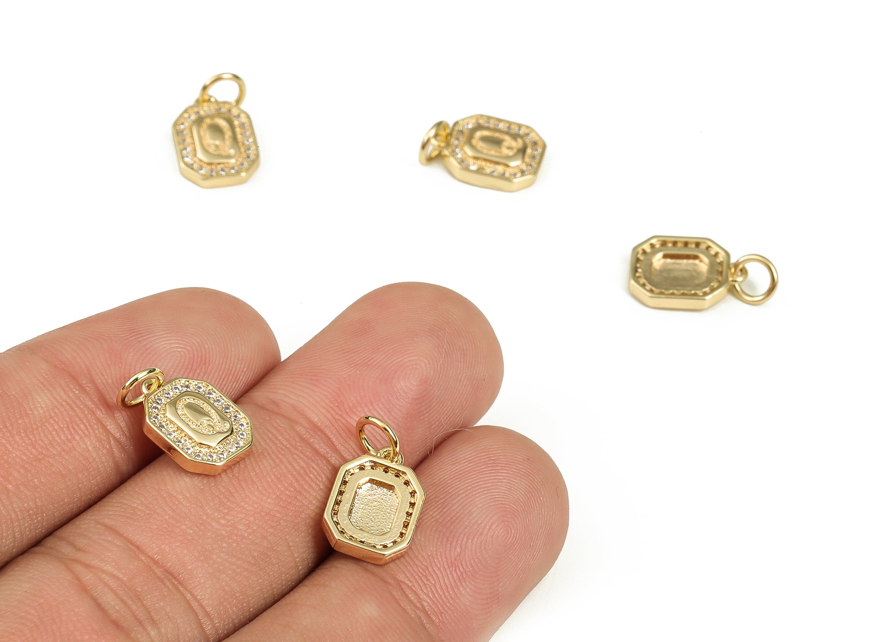 Brass Square Letter Q Earring Charms with Zircons – Initial Q Gold Alphabet Pendant – 18K Real Gold Plated Brass -12.11x8.44x2.37mm-RGP3595Q - DOMEDBAZAAR