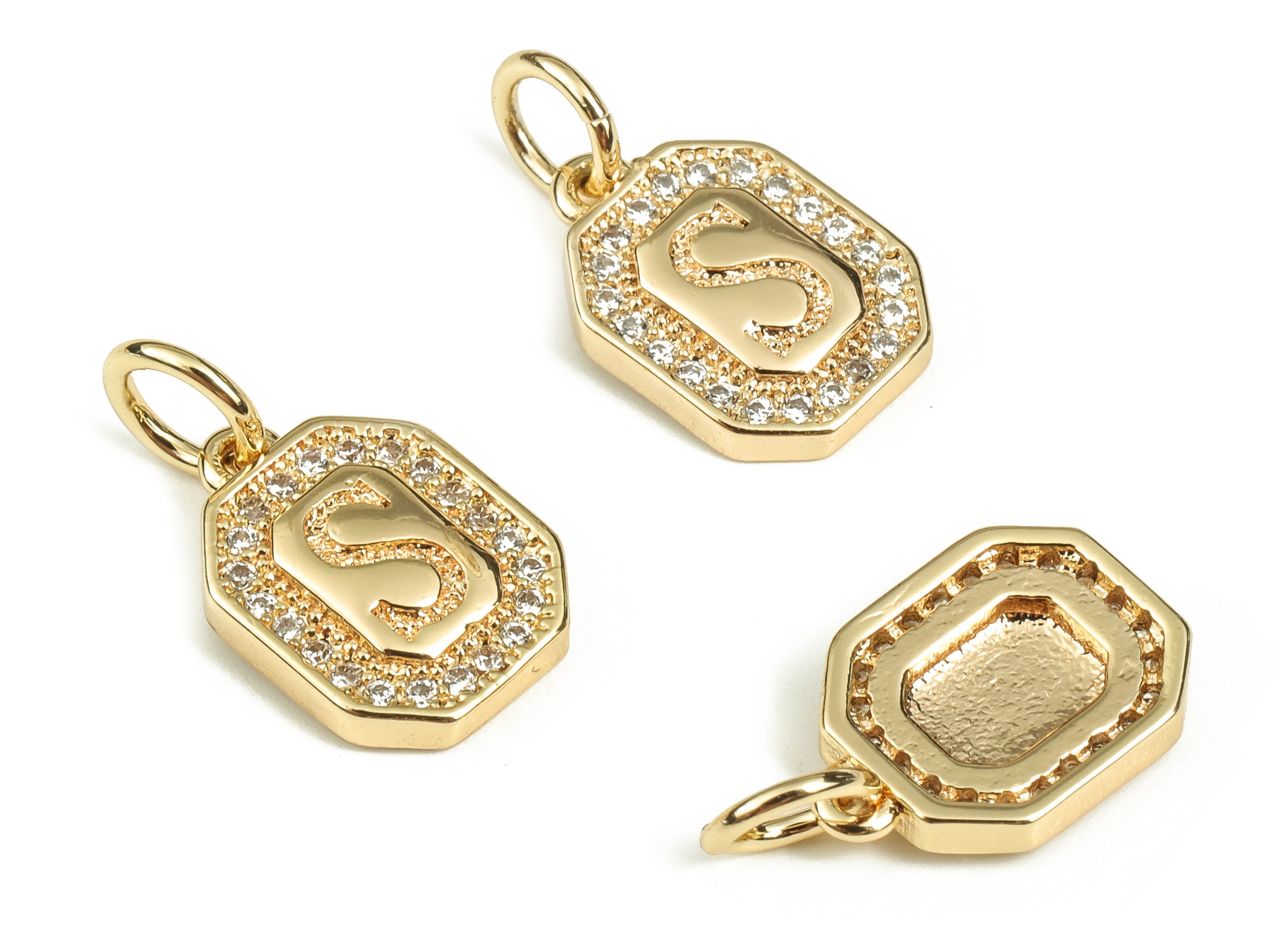 Brass Square Letter S Earring Charms with Zircons – Initial S Gold Alphabet Pendant – 18K Real Gold Plated Brass -12.0x8.48x2.38mm-RGP3595S - DOMEDBAZAAR