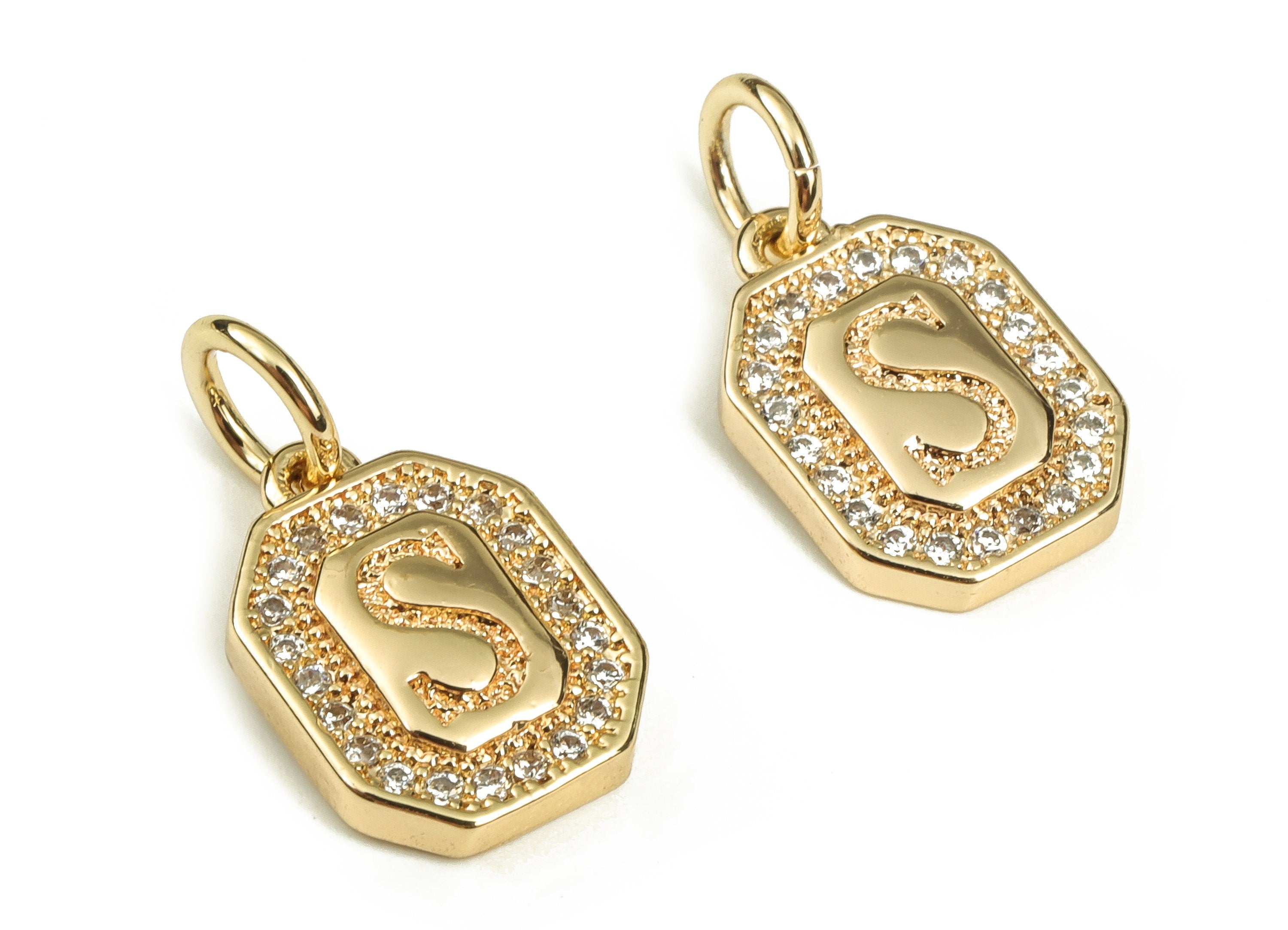 Brass Square Letter S Earring Charms with Zircons – Initial S Gold Alphabet Pendant – 18K Real Gold Plated Brass -12.0x8.48x2.38mm-RGP3595S - DOMEDBAZAAR