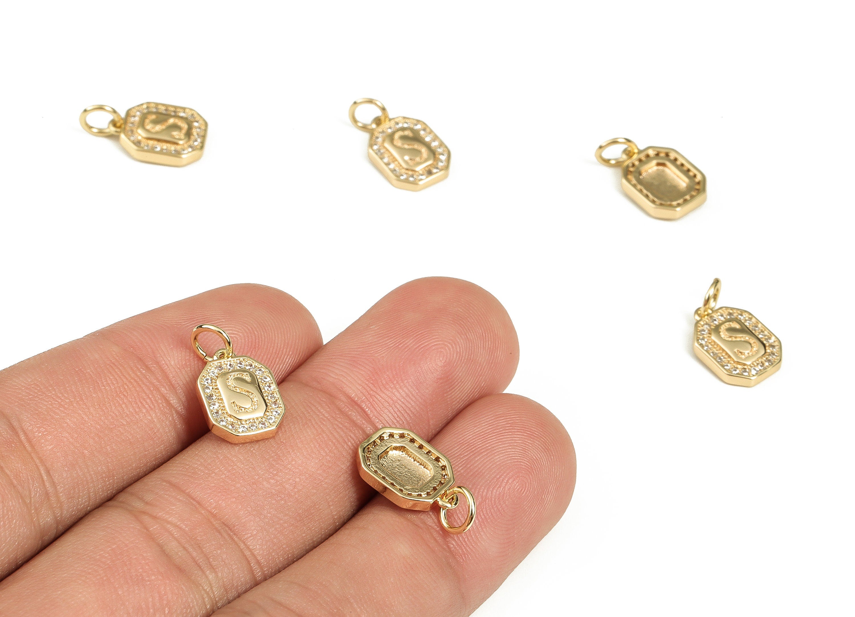 Brass Square Letter S Earring Charms with Zircons – Initial S Gold Alphabet Pendant – 18K Real Gold Plated Brass -12.0x8.48x2.38mm-RGP3595S - DOMEDBAZAAR