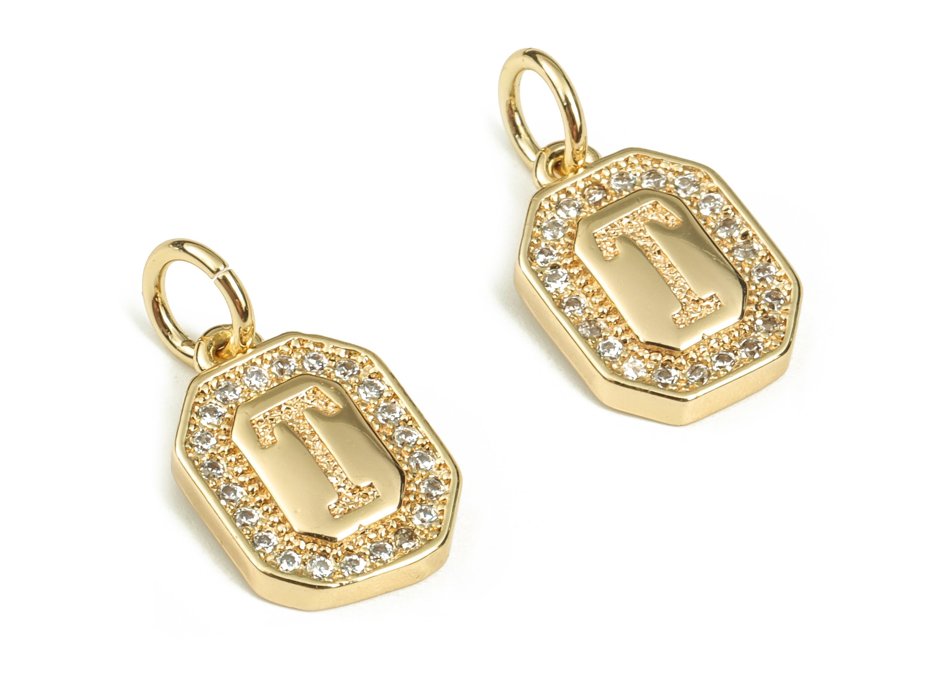 Brass Square Letter T Earring Charms with Zircons – Initial T Gold Alphabet Pendant – 18K Real Gold Plated Brass -12.18x8.5x2.33mm-RGP3595T - DOMEDBAZAAR