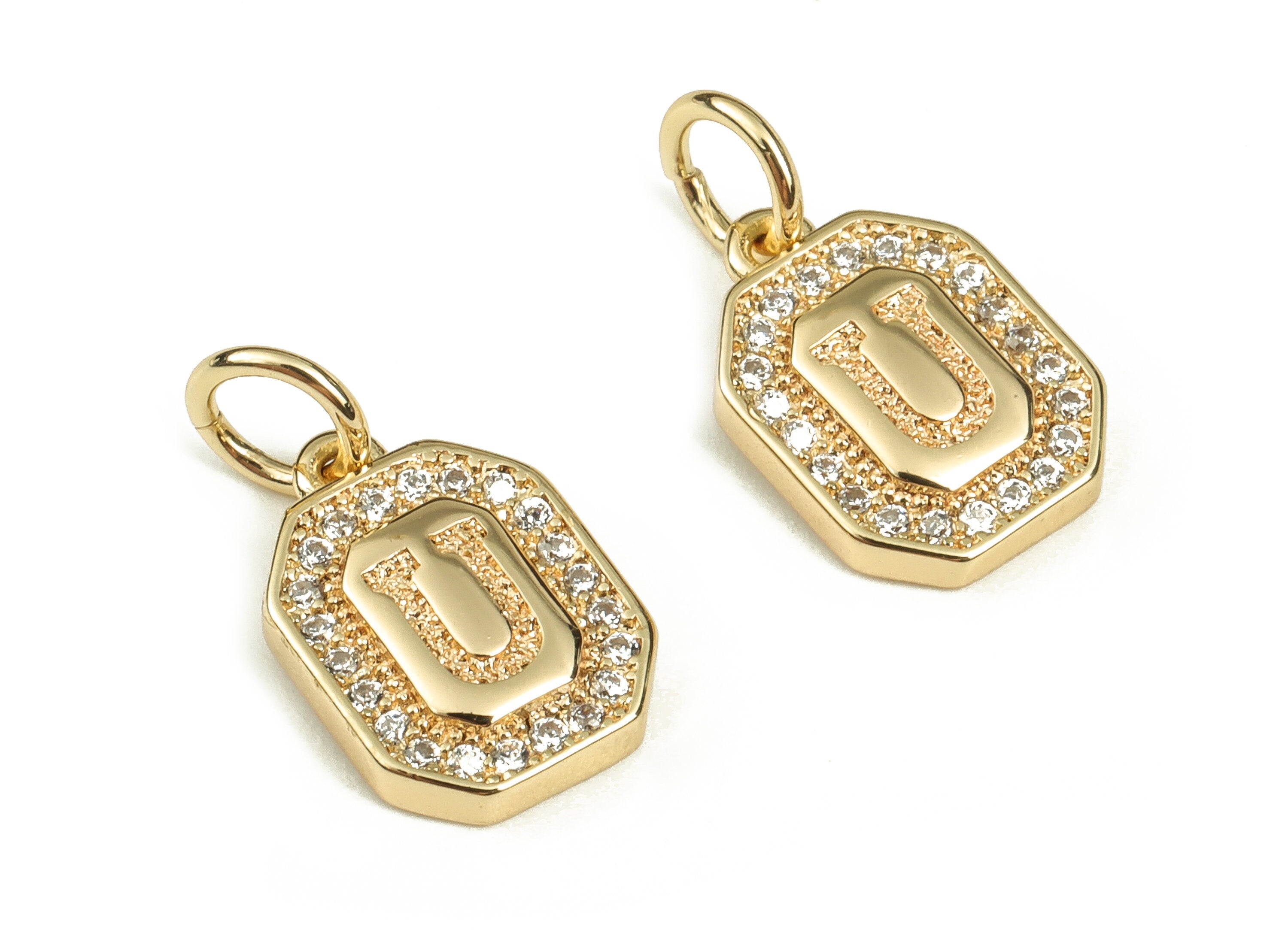 Brass Square Letter U Earring Charms with Zircons – Initial U Gold Alphabet Pendant – 18K Real Gold Plated Brass -11.88x8.48x2.42mm-RGP3595U - DOMEDBAZAAR