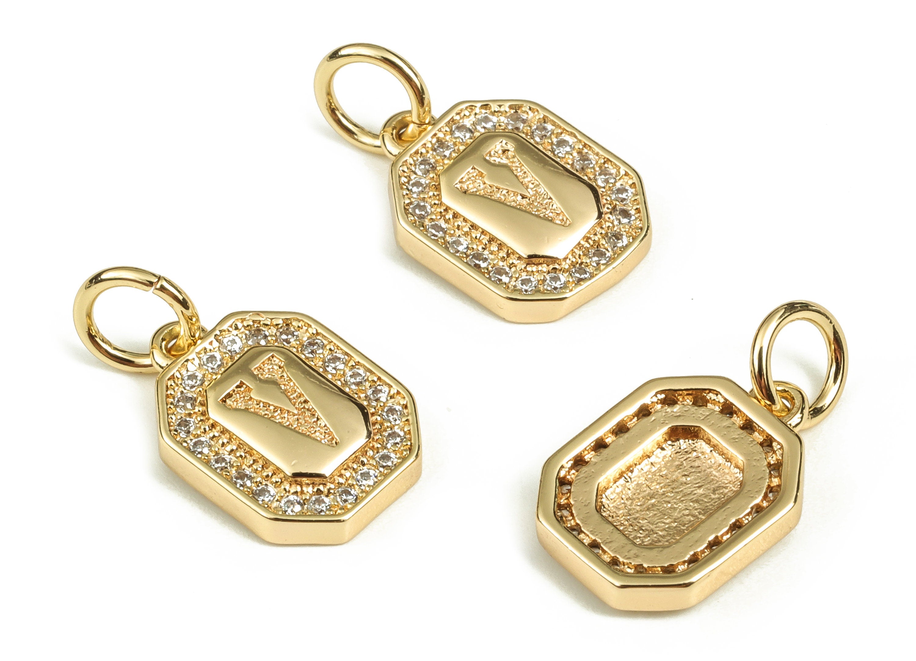 Brass Square Letter V Earring Charms with Zircons – Initial V Gold Alphabet Pendant – 18K Real Gold Plated Brass -12.12x8.49x2.27mm-RGP3595V - DOMEDBAZAAR
