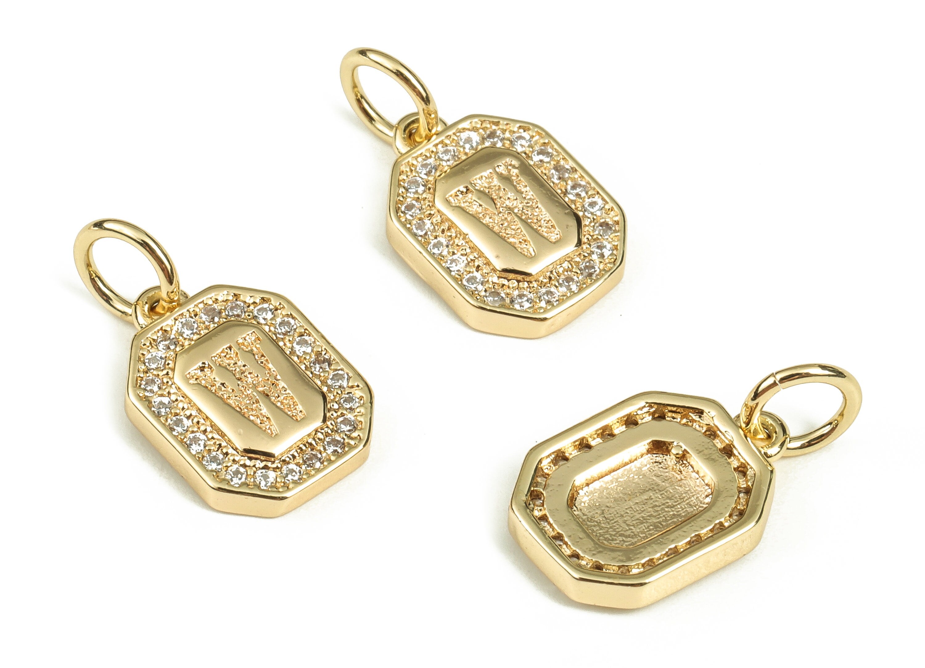 Brass Square Letter W Earring Charms with Zircons – Initial W Gold Alphabet Pendant – 18K Real Gold Plated Brass -12.03x8.6x2.24mm-RGP3595W - DOMEDBAZAAR