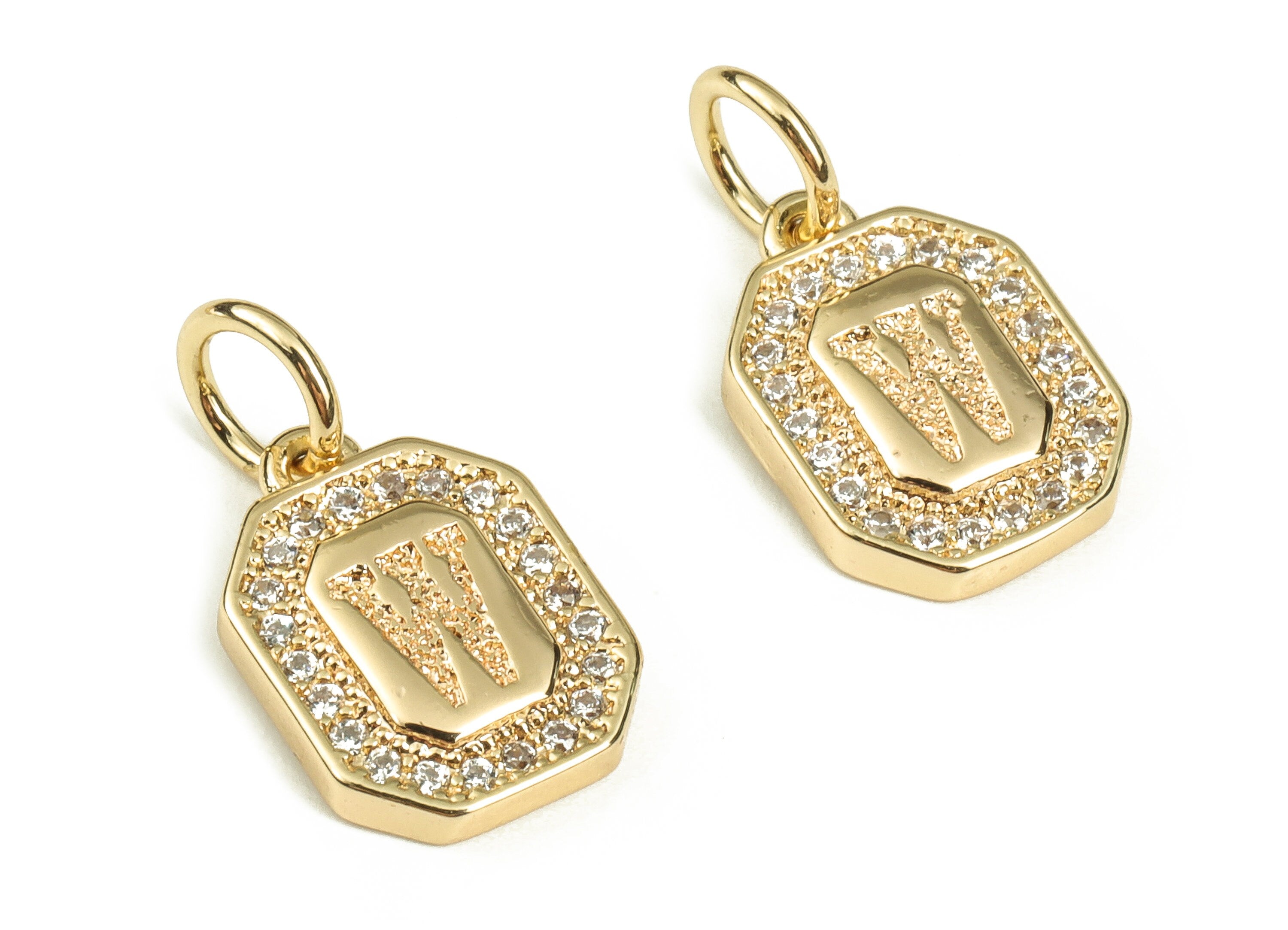 Brass Square Letter W Earring Charms with Zircons – Initial W Gold Alphabet Pendant – 18K Real Gold Plated Brass -12.03x8.6x2.24mm-RGP3595W - DOMEDBAZAAR